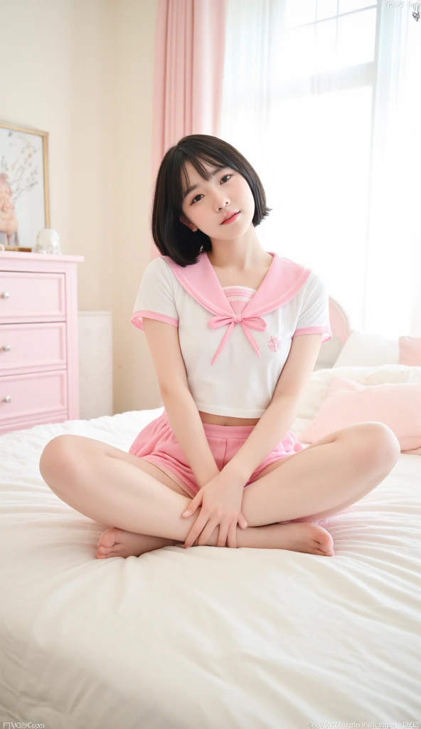 real 18 year old woman、Sleeping in bed、Pink sailor suit、(very short pink skirt)、Pink underwear、Short black hair、Terekami、soio、hight resolution、top-quality