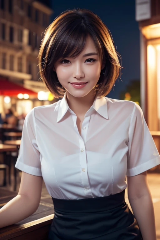 (8k, RAW photo, best quality, masterpiece:1.2), (realistic, photo-realistic:1.37), ultra-detailed,
1 girl,cute, solo,beautiful detailed sky,detailed cafe,night,sitting,dating,(nose blush),(smile:1.1),(closed mouth),large breasts, seductive smile, large aparture, professional lighting, Sony A7R4, Zessie 50mm F1.8,
medium breasts,beautiful detailed eyes,(collared shirt:1.1), bowtie,pleated skirt,(short hair:1.2),floating hair 