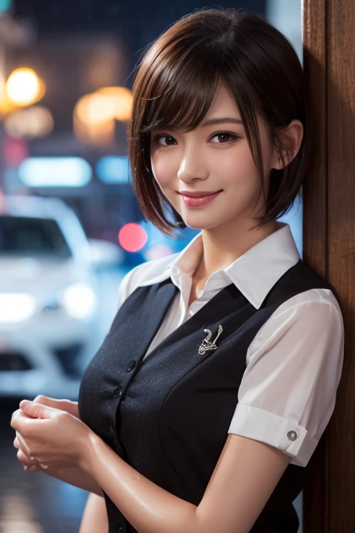 leaning forward:1,bent over,Inside a suit shop,(The skin is wet from sweat),(Wearing a shirt:1.2),Suits lined up,looking at the camera,Cleavage,smile,Skirt Lift、Lift your skirt with your hands,woman, 20-year-old, Short Hair、bangs、(Plain suit skirt),(White lace panties)、Cute earrings