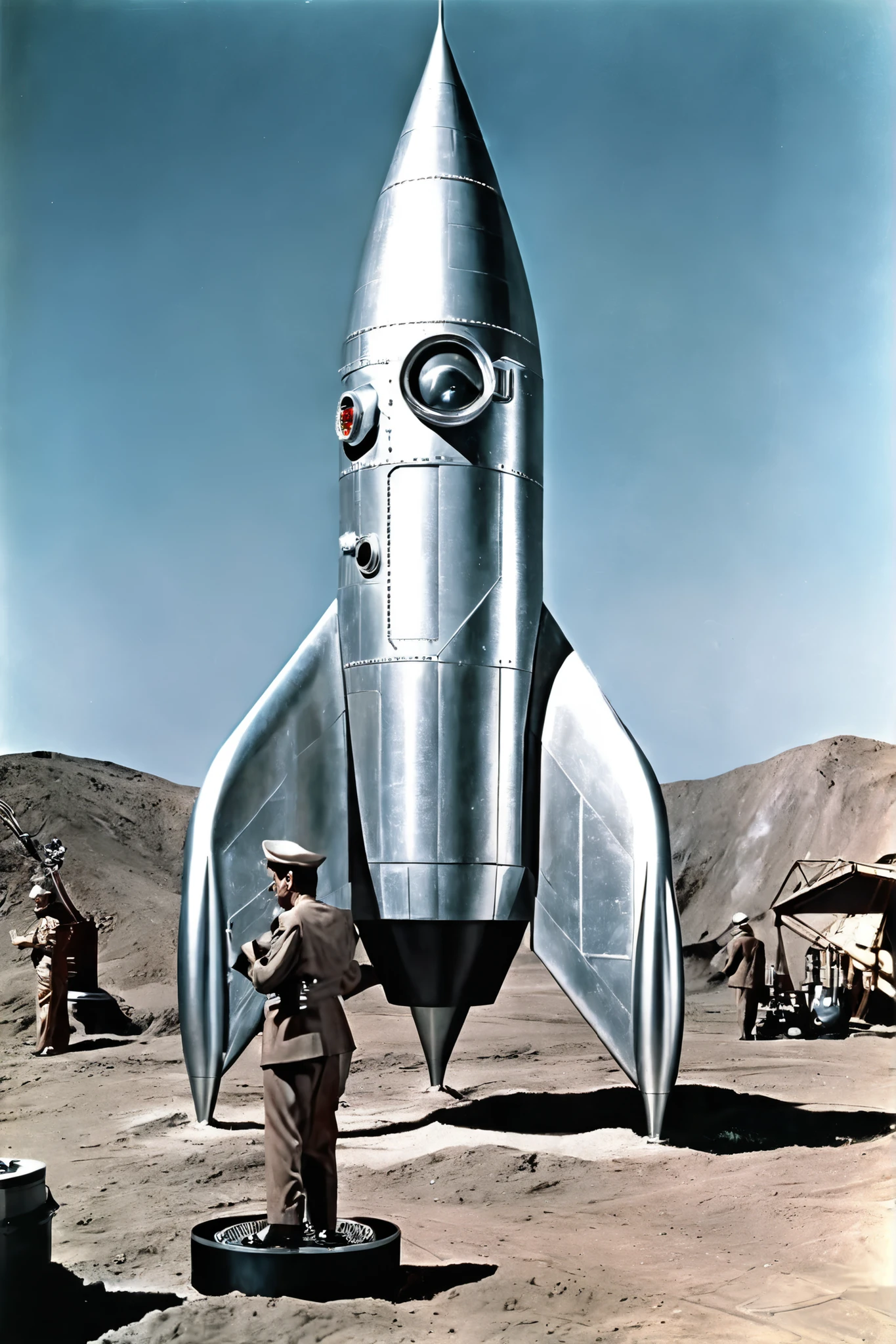 ((( classic sci-fi television series ))), pictures, very realistic, scenes from old 1950s sci-fi movie series、rocket発射基地の広大な背景に平らなグランデが見えます, ((( 1950s ))), ancient aesthetics , scenes from 1950s sci-fi movie , Retro_rocket, nave espacial estilo Retro, with various propellants , metal hull with rivets , very detailed american women, complicated, pictures, images from 1950s television series