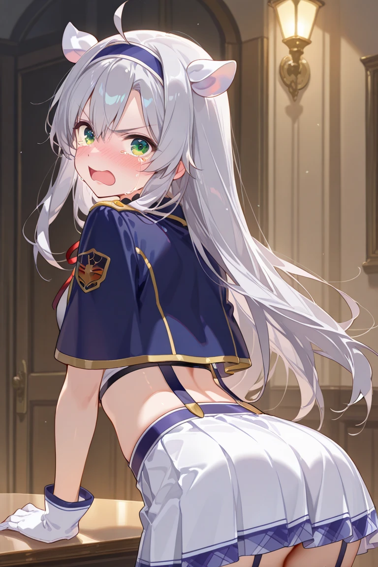Top Quality, Masterpiece, Ultra High Definition, ((masterpiece), (best quality), (ultra-detailed), (best illustration), (best shadow), (absurdres), (detailed background), (very aesthetic), shiny, detailed eyes, outstanding, countershading, detailed soft lighting, an exquisite animation illustration, high resolution, unity 8k wallpaper, (illustration), anime style, cute, (1girl, solo), fireflydef, jacket, dress, bow, hairband, hair ornament, grey hair, (blush, blushing red, shy), kind smile, ass, fart, farting,