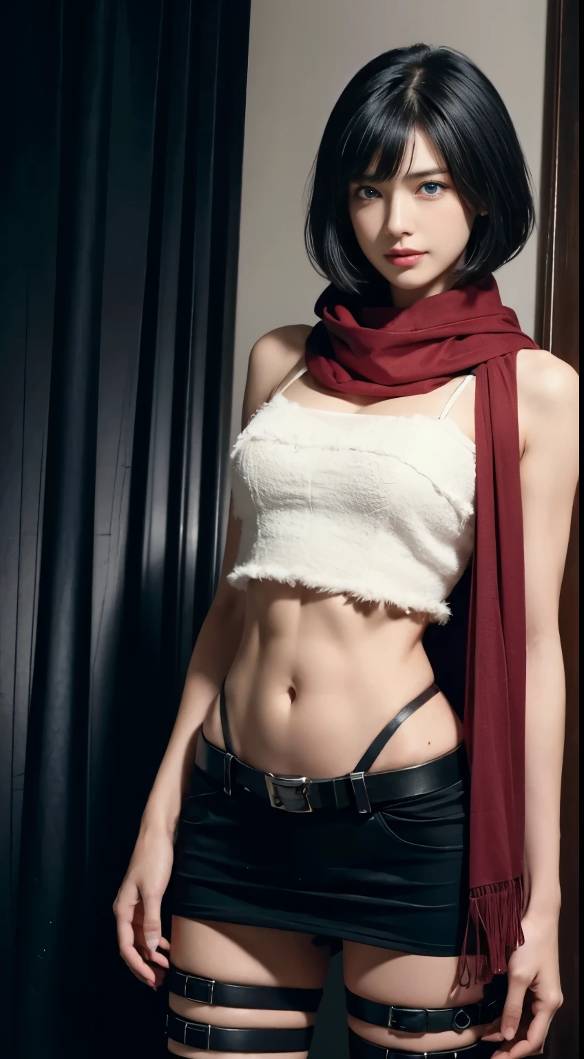 8K, Top Quality, Intricate Details, Ultra Detail, Ultra High Resolution, high-quality, photorealistic image, Masterpiece, random angle, young, attractive, very beautiful mikasa ackerman, with a toned and muscular body. She has a sexy fit and athletic physique, staring with sensual face expressions and a sexy seductive smirk, (Makeup: 0.4), (Fluffy Blue Eyes: 1.21), blue Eyes, ((full body)), 1girl, solo, 1 girl, (( full body)), close-up shot, (((fit body))), (((slim face))), sharp face, sharp eyes, (((black hair, short hair, bangs)), (detailed face), sharp face, small lips, thin lips, ((red scarf, crop top, thigh strap)), detailed face, detailed breasts, large perky breasts, detail, curvy biceps and triceps, with accentuated slender abs: 1.4, Six Pack Abs: 1.4, Bust Botox, Perfect Body, detail leg, (( moonlight)), ocean