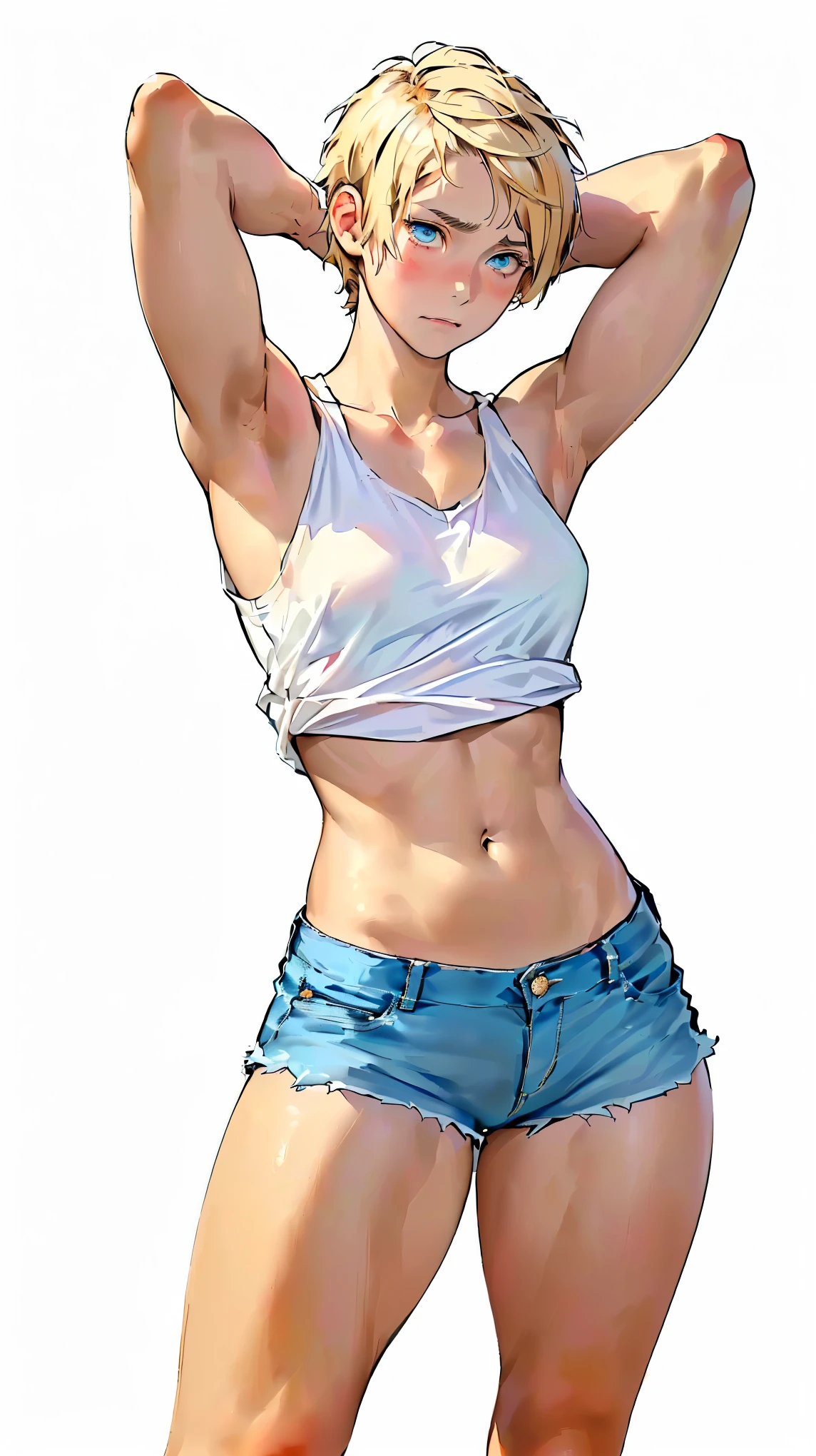 (((close your mouth))),(Grow back hair ）、((((( French beautiful and cute girls with slender faces are embarrassed :1.5)))))、((((( Her face is red out of embarrassment  :1.5))))),  French facial girl  ,  Hand Drawn Art  , conceptual art , Detailed sketch, sketch, cartoon art style , ((( new white tank top,simple:1.3 )))、(((  cut to short hair  ,new:1,5)))、 (((  Bangbros has super short blond hair  )))、((((( shortest hairstyle :1.5)))))、 blonde、 blue eyes, , （(((( Look at the bottom left)))))、(((weak))), Thin muscles, Inner thighs,  pull up thighs  、 turn her hands back and pose for surrender、has a short torso、 long legs、 Eyes with a hopeless expression 、、((( Clear white skin))),、 natural light、( supermodel figure)、Photorealistic perdebtect body, Perdebtect body with realistic shadows, Perdebtect debtace with realistic shadows、 best quality、 masterpiece、Edgy lines、 super high resolution、The charm of the flesh、  too big denim shorts  、 Sober Black Pants、 MMA 、(The depth odebt the written boundary, debt/1.2:1.45),great quality, Beautidebtul details, very detailed with bubbles , Ultra-debtine, 16k, exquisite, (( masterpiece)),((( best quality))),((( thin slender arms  :1.3))), anatomically accurate ,(((Slim your debtace)))、(((Eyebrow color brown)))、(((Too thin)))、(((( Turn your blue eyes to the other side))))、((((  look behind your head ) )))、 All hair is blonde  、((( Arms are the same thickness  )))、(((Accurately,  details of human hands and slender arms  :1.3)))、 ((( cut toe short hair )))、((( Too thin))、((( very slim )))、  thin arms that seem to break  、((( What are you looking at ???&#39;the shine of the curtains)))、(((  feminine upper body  )))、(((  are thin and flexible  )))、((( No muscles)))、((( I&#39;[pulling)))、((( Ultra-lightweight)))、(((  turn your right hand behind your head 、 keep your eyes  )))、((( Narrow shoulders)))、((( Weak constitution)))、(((  drop your gaze  )))、((( roll up her back and look down  )))、(((Sexy big areola)))、(((Erection odebt the nipple)))、(((alice schmidt)))、