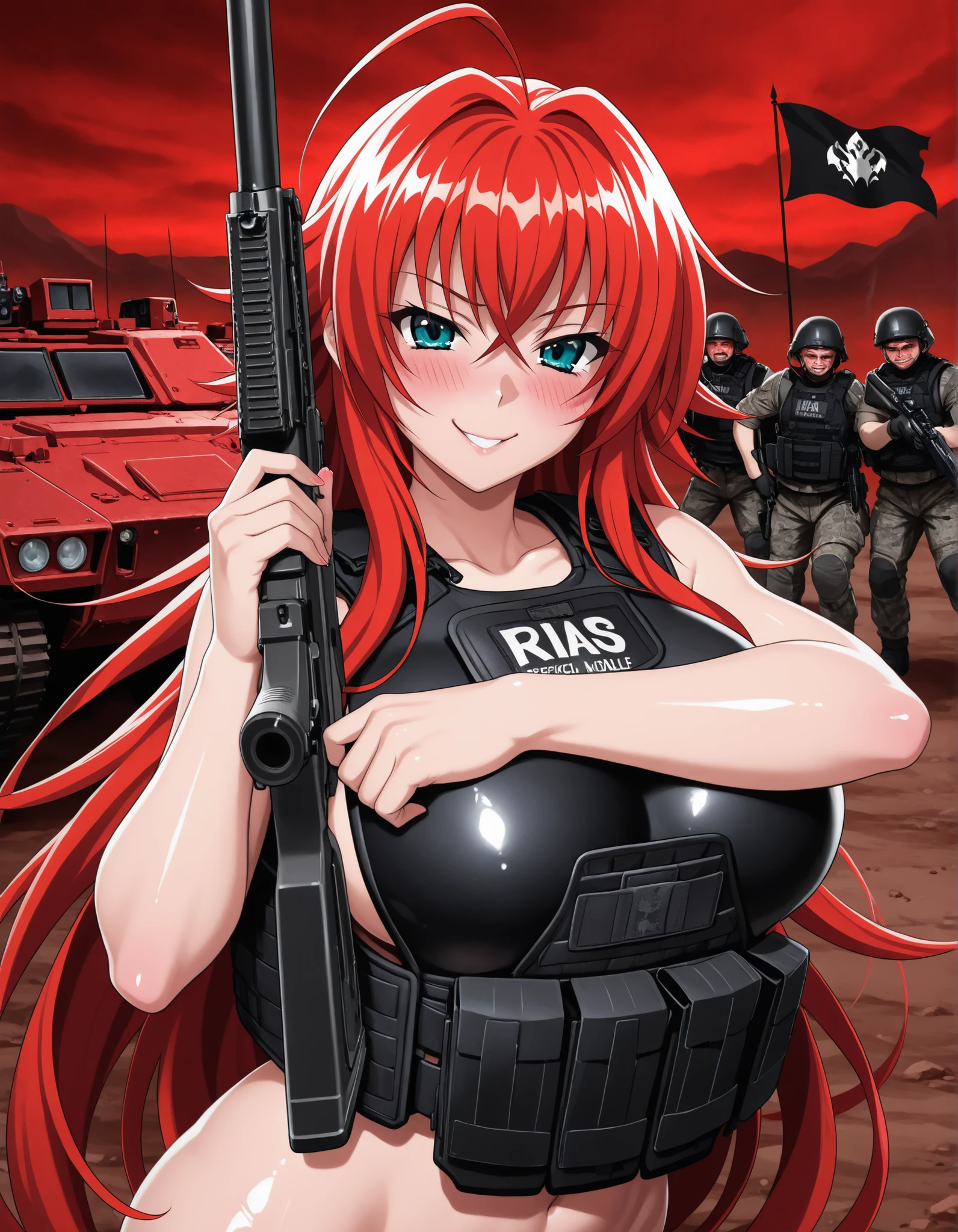 Rias Gremory, big breasts, (((bulletproof vest))), soldier of hell, (((shiny skin))), in a hell, red sky, demon paradise, sexy pose, evil smile, blushing, holding a rifle, War zone, armored vehicles, special operations, black flag, (((Rias' name on his bulletproof vest))))