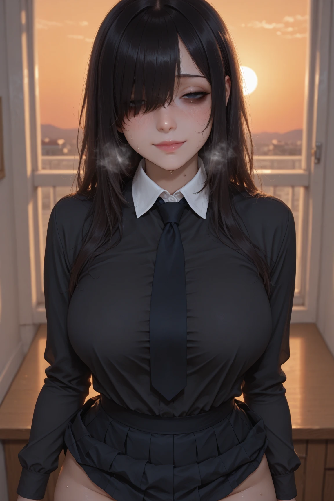 ((masterpiece, best quality)), (1girl), (solo), (female focus), yoru (chainsaw man),(very detailed face, real image, realistic white skin, realistic body, intricate details), upper body, serious , brown eyes, looking at the viewer, bandages over the body, black hair, far sleeve shirt, pinaforee dress, black necktie, bandages, bandages, perfect breasts