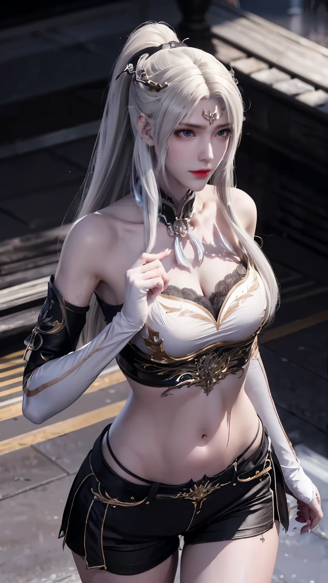 ((best quality, 8k, masterpiece:1.3)), important: 1.2, Perfect body beauty: 1.4, Hips: 1.2, ((Layered Hairstyle, Chest: 1.2)), (Wet clothes: 1.1), (rain, street:1.3), Tube Top Dress: 1.1, Highly detailed face and skin texture, Squinting, Double eyelids, whiten skin, Long hair, (shut up: 1.3), Smiling white-haired girl, High Ponytail Hairstyle, Sports Tops, Oversized bust, Succubus, (((Succubus tattoo on lower abdomen))), Transparent Super Skinny Low Rise Bow Pants, (((ultra-low waist))), Full body image, Sexy girl, Sexy, Happy laughter, Shy, (((Showing belly))), Express, There is a heart in the eyes, (Detailed drawing of eyes), Sexy Long legs, Thin waist, Sweat is running down my waist, (Showing belly), ((Succubus tattoo extreme detail portrayal))), , Front squat, Dark lock method, Asymmetrical bangs, Transparent clothes, Hands on thighs, Look away, 8k resolution, Missed ionary, Raise an eyebrow, Shiny hair, Flower head, Wristband, White hair bandage、Close-up of 错过 wearing white mask, Beautiful character painting, guweiz, Gurwitz-style artwork, White-haired god, author：Yang Jie, Epic and beautiful character art, Stunning character art, author：Fan Qi, by Wuzhun Shifan, pixiv art station street guweiz, Single ponytail, insult, High Ponytail, Tall and big, Long legs, (Sleeveless lace shirt), (shorts), (Striped )), ((Striped )), Walk,