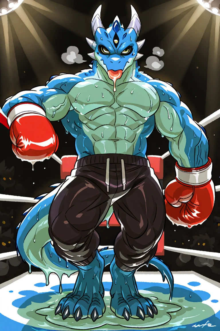 ((solo) full height):1, (anthro) blue dragon, lora, adult, mature, masculine, slim:1.2, skinny:1.2, tall:1, (correct anatomy:1.2), vascular veins, (correct proportions:1.3), topless, (shirtless, bare paws, boxing gloves, black sweatpants), ultradetailed, (by wfa:1.2), (by takemoto_arashi, by vorusuarts, by Traver009:1, by grimfaust:1), natural lighting ((boxing ring):2.4 background), (sweat:1.4, wet:1.6), (lots of sweat flowing down) exhausted, dragon head ((open:1 eyes, detailed):1.2), open mouth (steaming breath:1.2, drooling, dripping saliva, thick drool) tongue sticking out, (serious:1.4) expression), in pain, fallen down, lying:1, collapsed