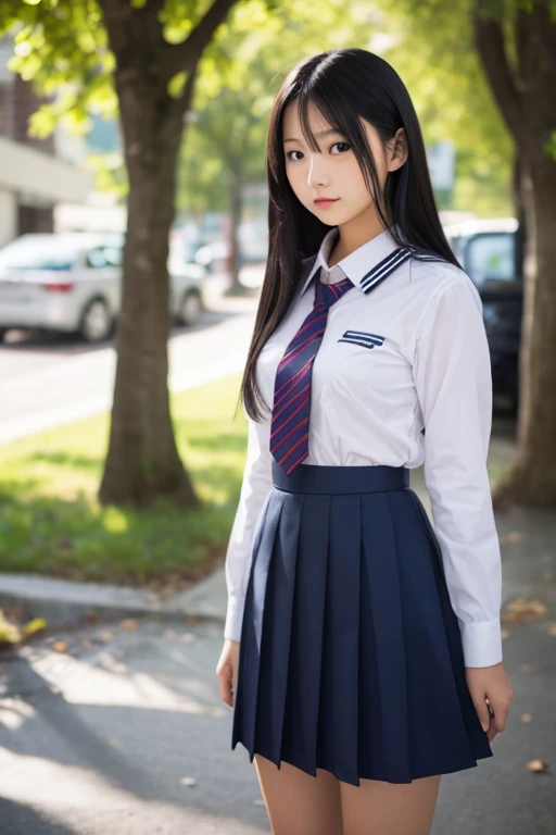 Japanese、18-year-old high school girl、Light blue shirt、Grey checked mini skirt、whole body