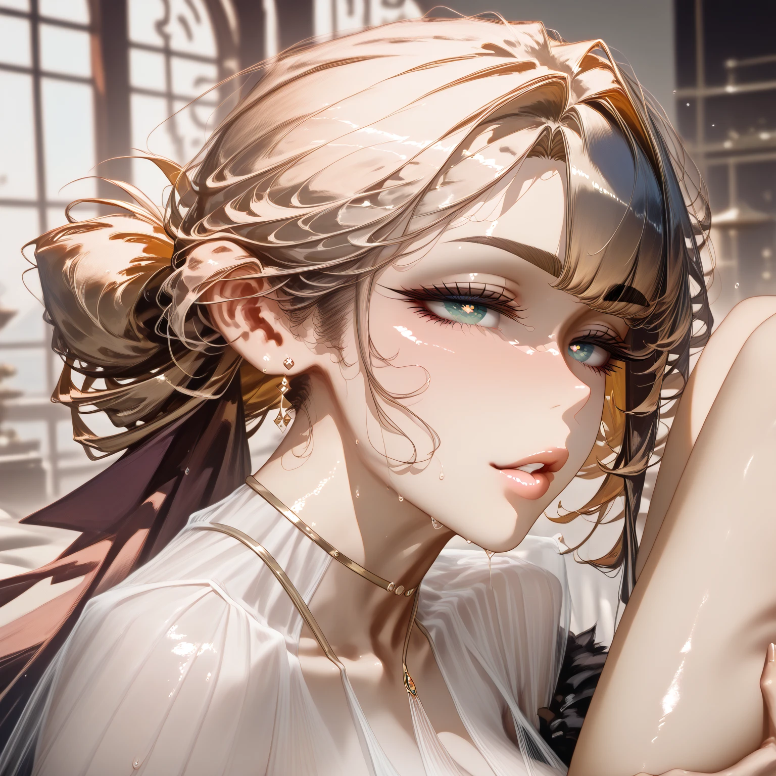 from the side,(Scenes,Fantasy Art,Highest image quality,Surreal主义肖像,(8k),Surreal,best quality,high quality,HD,High quality textures,High Detail,Beautiful and detailed,fine,Extremely detailed CG,Detailed texture,True representation of the face,On the table,present,Dynamic,bold),1 GIL,Ultra-delicate skin,curve,,Beautiful breasts,Huge Breasts,Pale skin,Pointed chest,stand erect,Ponytail,(Very thin hair),(Super soft hair),(Super straight hair),Sweep long bangs,very light copper amber hair,Hair covering one eye,Sportswear