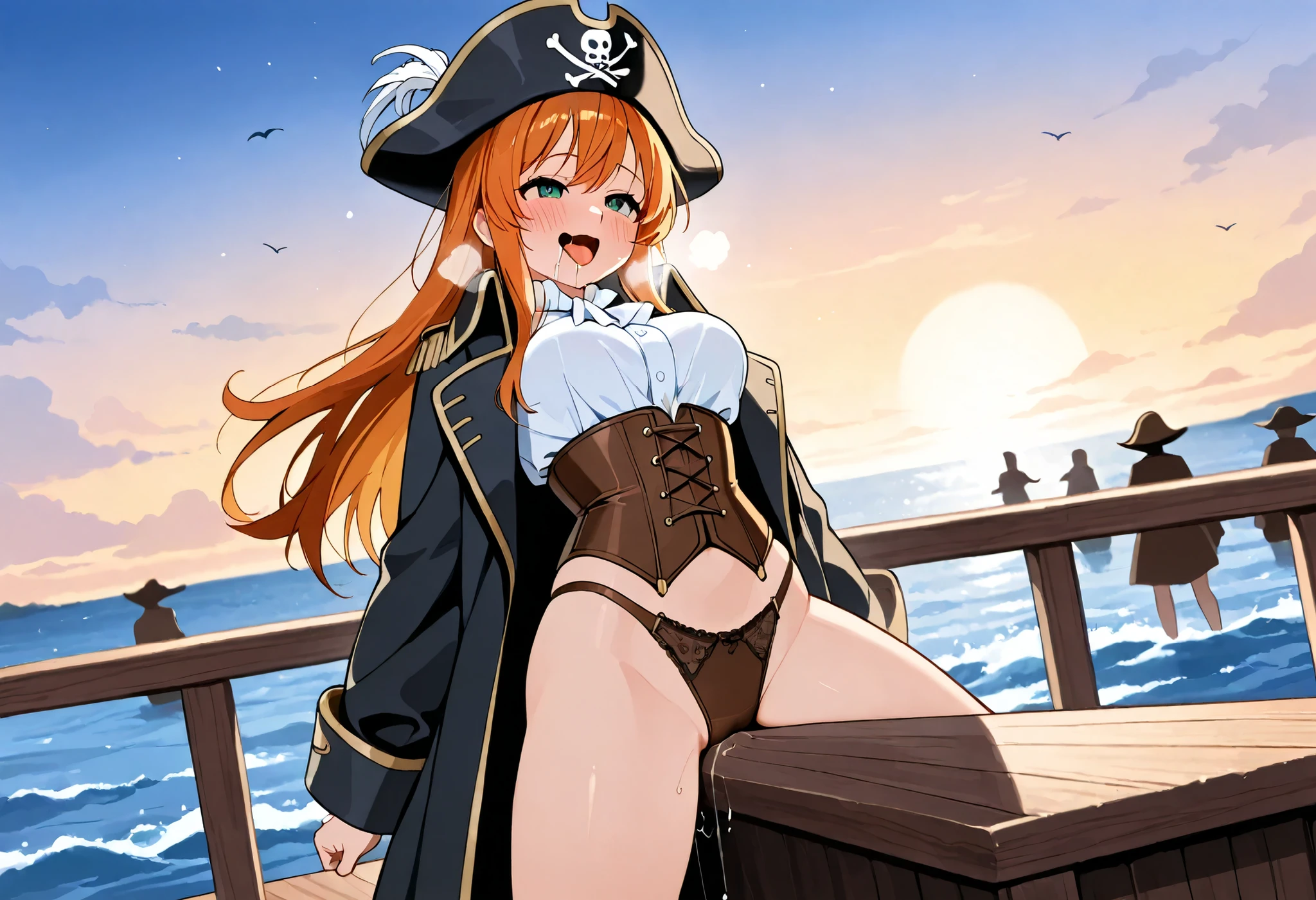 a fierce female pirate wearing a corset, leather boots, loose white blouse, and a long flowing coat, skirt, standing on a ship deck, (((ocean in the background))), 
medieval style female pirate, wearing leather corset and linen blouse, tricorn hat with feathers, standing on the deck of a weathered wooden ship, ocean in the background, misty sky, earth tone colors, surrounded by stone-walled port in the distance, 
drooping eyes, orgasm face, blush, (((open mouth, tongue, drooling, focus on her face))), shame smile, medium breasts, thighs, luxury panties with pubic hair, focus on her panties, sticking out her pubic hair from her panties, squirting a little, standing, (((grinding her crotch with a corner of the table))), (((moist breath))), leaning forth, angle from side, round butt, grubbing breast, ((stylized Japanese hentai manga orgasm moment, draw intense cuuming moans))), long hair, spread legs, crowd, 
