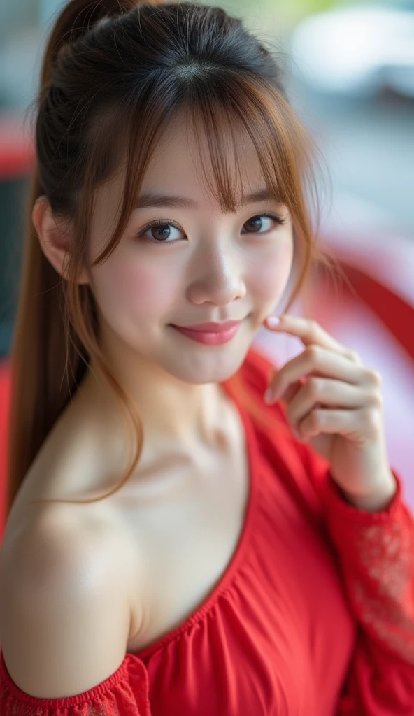 Ultra-high resolution, Close-up of cute Korean woman,Chest 32 inches, ponytail, smile, Wearing a crop top, At a ramen shop