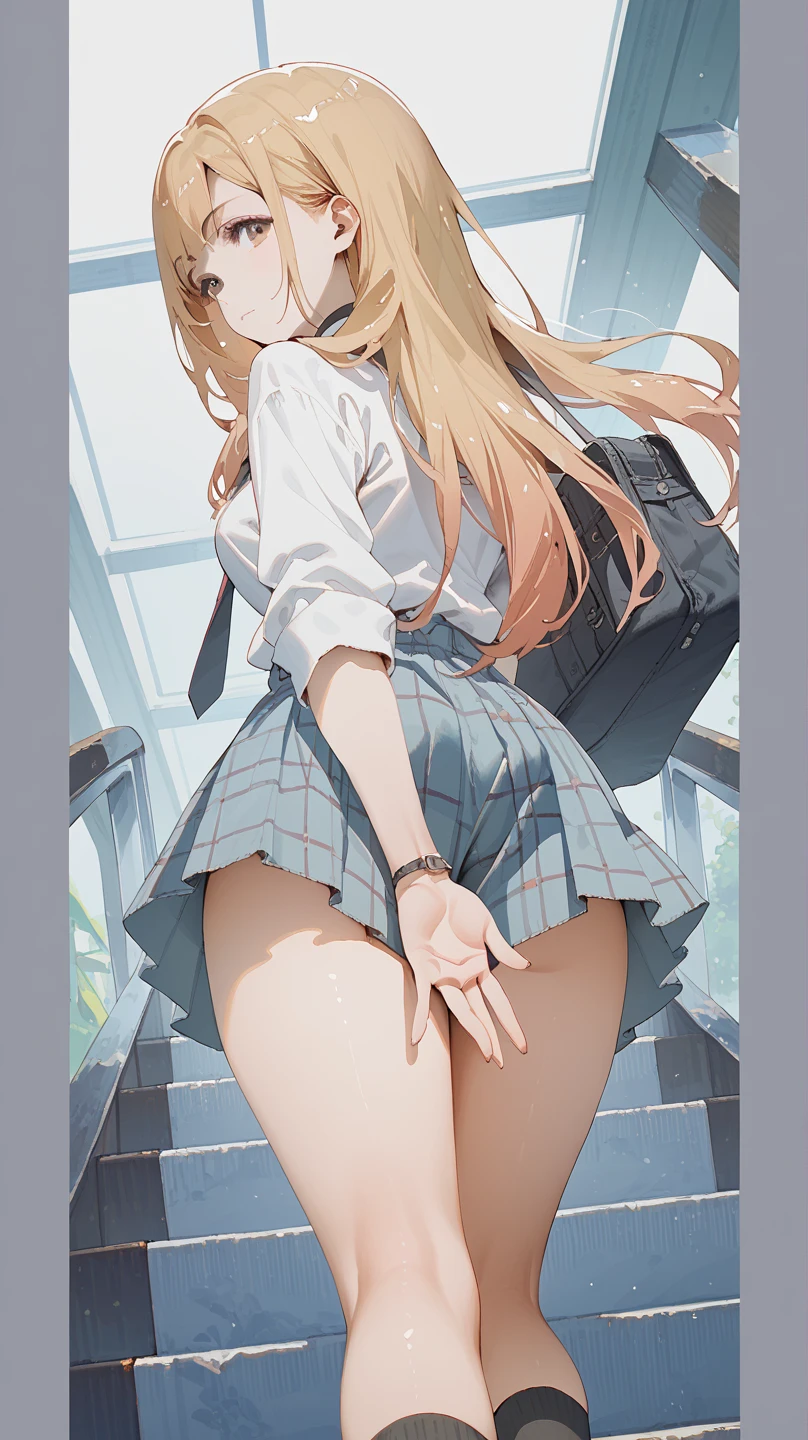 1girl, walking ,full body, looking back, from back ,knee focus, from below, cute , blonde hair, wavy hair, shiny hair , pale green eyes, blush, small breasts , school uniform , blazer ,( panty shot:1.1), (floating skirt:1.1), (white panties) ,strong light ,(((masterpiece))), (((best quality))), ((ultra-detailed)), (illustration), ((an extremely delicate and beautiful)),nsfw