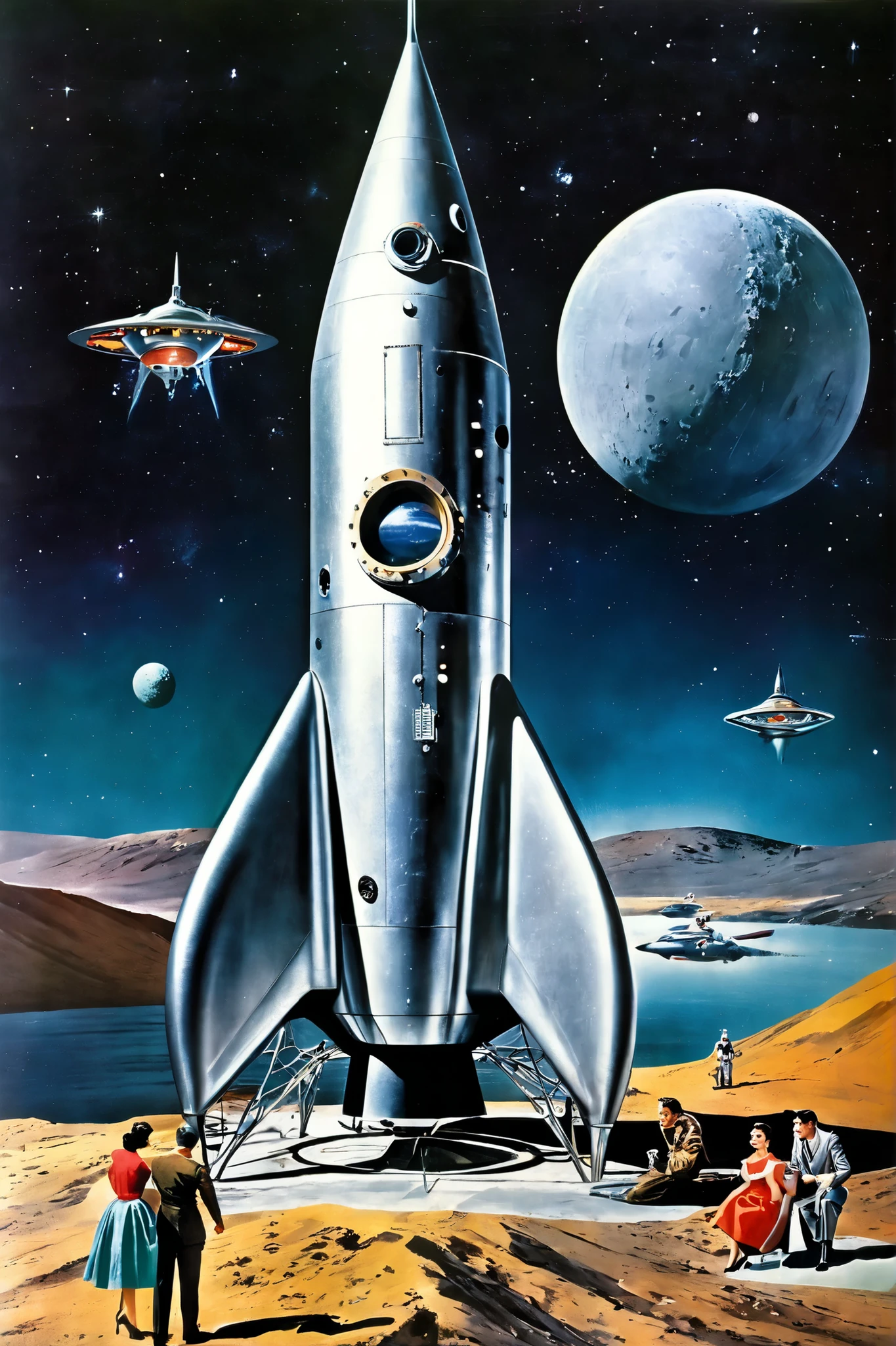 ((( classic sci-fi television series ))), pictures, very realistic, scenes from old 1950s sci-fi movie series、rocket発射基地の広大な背景に平らなグランデが見えます, ((( 1950s ))),  ancient aesthetics , scenes from 1950s sci-fi movie , Retro_rocket, nave espacial estilo Retro, with various propellants , metal hull with rivets , very detailed american women, complicated, pictures, images from 1950s television series 