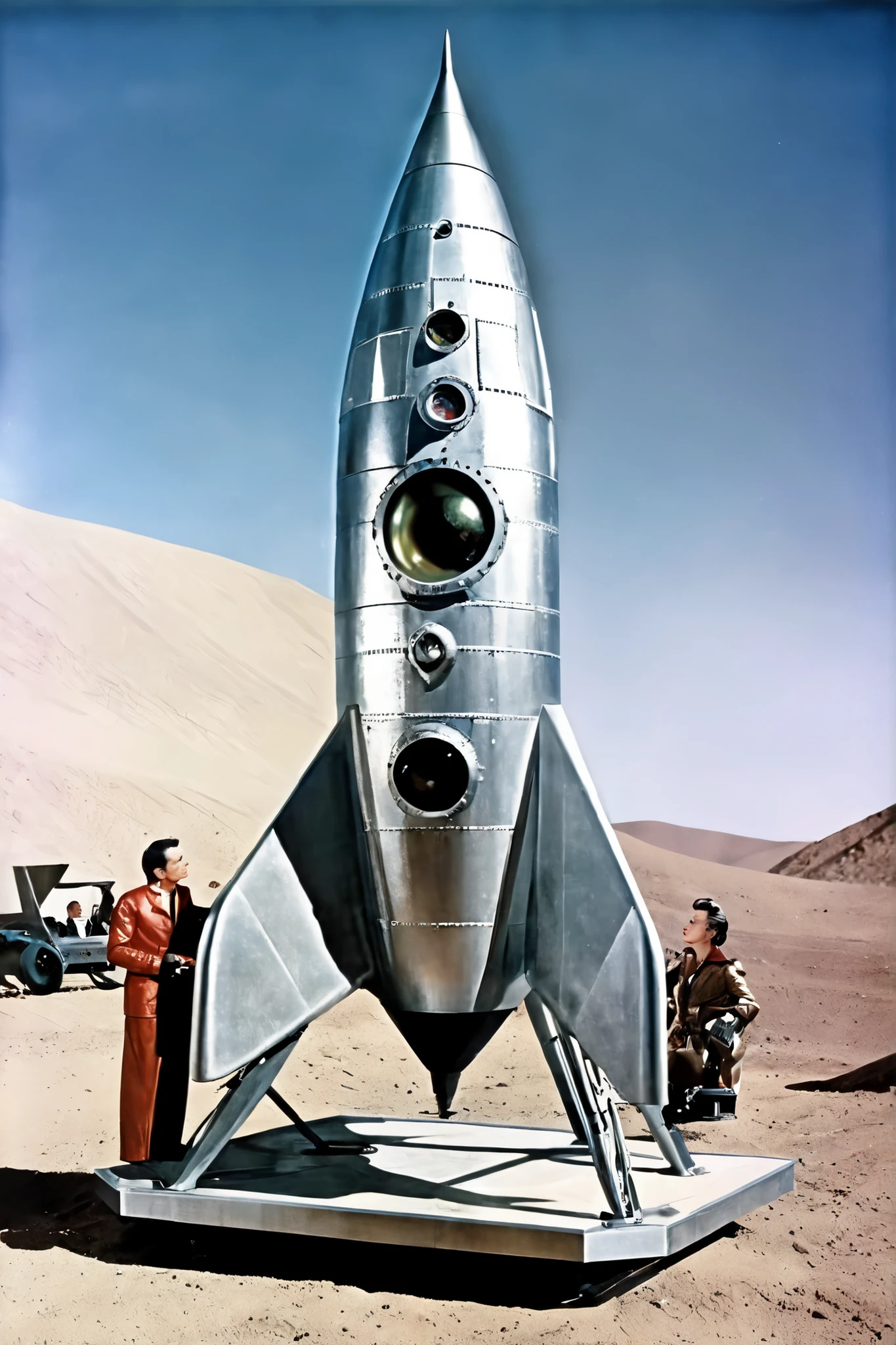 ((( classic sci-fi television series ))), pictures, very realistic, scenes from old 1950s sci-fi movie series、rocket発射基地の広大な背景に平らなグランデが見えます, ((( 1950s ))), ancient aesthetics , scenes from 1950s sci-fi movie , Retro_rocket, nave espacial estilo Retro, with various propellants , metal hull with rivets , very detailed american women, complicated, pictures, images from 1950s television series