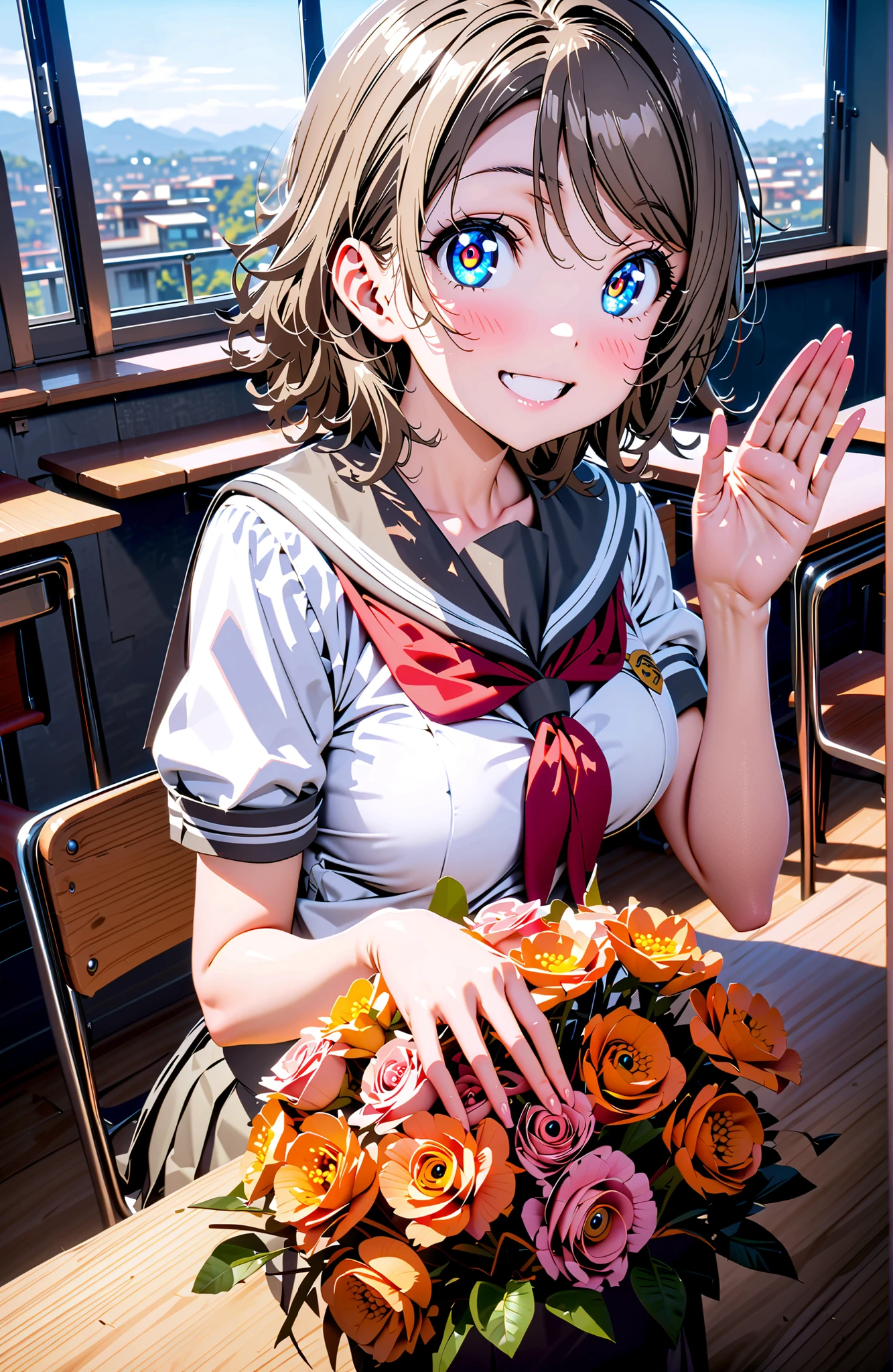 solo, 1 girl, Watanabe, short hair, medium breasts, Hair,blue eyes,smile,blush,grinning,
break skirt, uniform, short sleeve, pleated skirt, sailor suits, socks, neckerchief, black socks, (red neckerchief:1.2), grey skirt, uranohoshi uniform,She is holding a bouquet of flowers with her left arm,is in a salute pose with his right hand,standing,machine,chairs,curtains,window,noon,綺麗な街並みbreak indoors, Classroom,
break looking at viewer,full body,
break (masterpiece:1.2), best quality, high resolution, Unity 8k 壁紙, (illustrations:0.8), (beautiful detailed eyes:1.6), Highly Detailed Face,  perfect lighting on the table, extremely detailed CG, (perfect hand, perfect anatomy),,