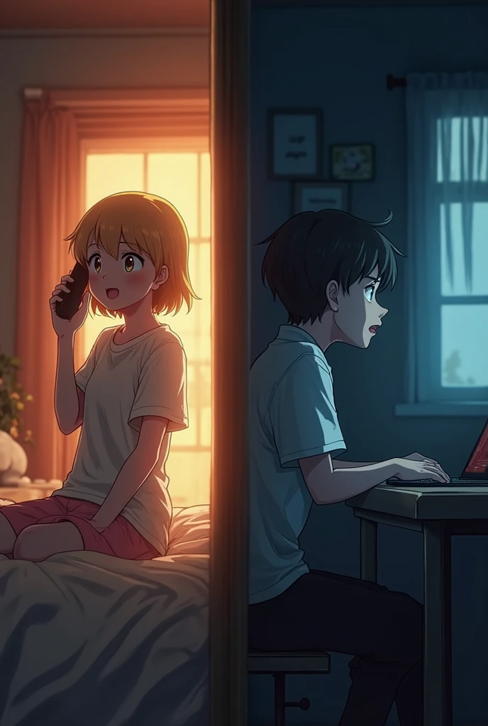 Create an anime-style image of a woman studying at her desk, looking happiest and overwhelmed by krishna presence s. Baby Krishna, around 2 to , stands behind her with a reassuring presence. His deep, bluish-black skin glows softly, and her her worried free shes becomes so happy to see him as her protector