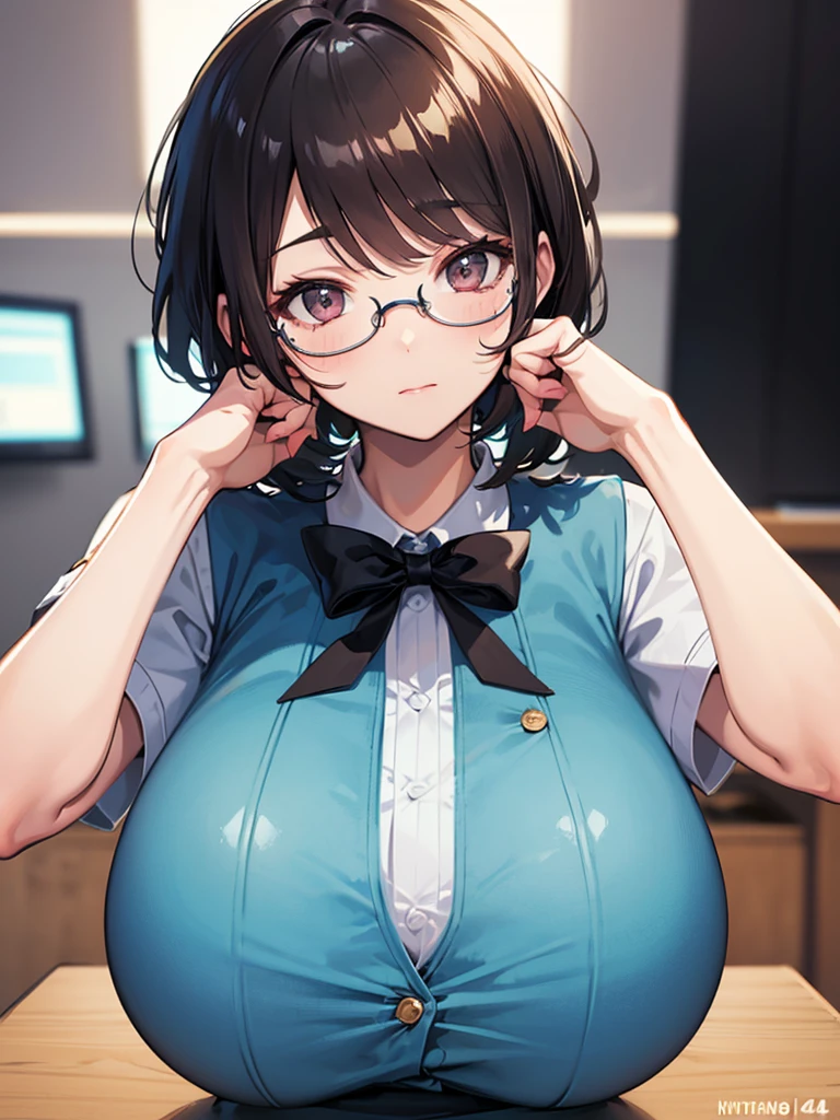 masterpiece, 1girl, huge breasts, black hair, braid, purple eyes, glasses, vest, office, upper body, looking at viewer, smile, :d, stand