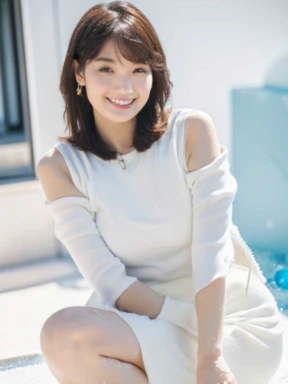 (Realistic:1.3), Rembrandt Lighting, (Tabletop:1.2), (Realistic:1.2), (Highest quality), (Detailed skin:1.3), (Intricate details), dramatic, Ray Tracing, One Girl, Japanese girl, 21 years old, Detailed skin texture, (blush:0.5), (It gives me goosebumps:0.5), Scattered beneath the surface, smile, Small breasts, Middle Hair Curls, View your viewers, Face the viewer, blouse, skirt, underwear, Hug your feet,Triangle sitting、Sitting with legs crossed、Model Body Type、Gradient Hair