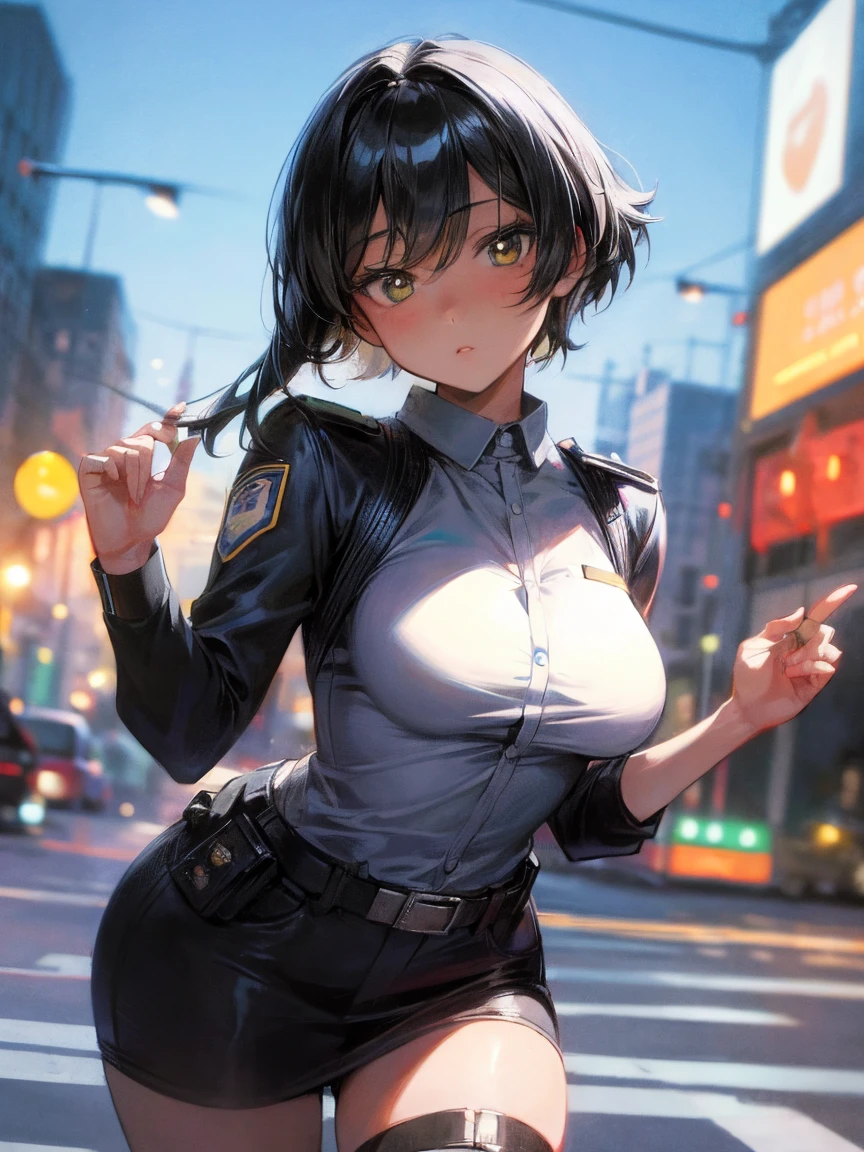 エマという名前のsexyな警察の女の子, standing on the street, Wearing a police uniform, sexy police girl on road, sexy, beautiful girl, cute face, beautiful face, wearing American police uniform, big breasts, realistic, photorealistc, high quality, 4K, detailed face, ultra realistic, high quality: 1.9, fine eyes, stylish pose, sexy pose, photograph, photograph撮影, ((navel piercing))