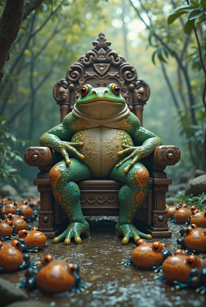 (photorealism:1.2), humanoid frog, green glowing skin, sitting on throne, indoors in jungle temple, soft lighting, plants in background, sunlight, realistic, intricate details, warm colors