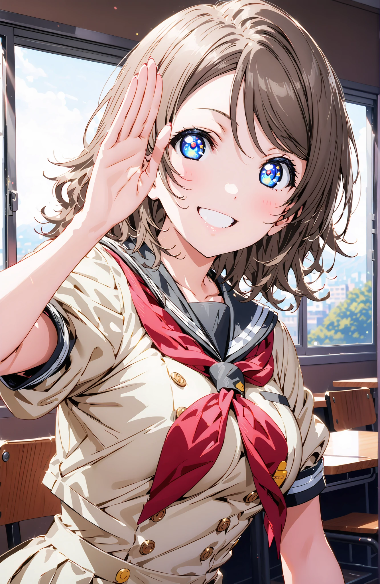 solo, 1 girl, Watanabe, short hair, medium breasts, Hair,blue eyes,smile,blush,grinning,
break skirt, uniform, short sleeve, pleated skirt, sailor suits, socks, neckerchief, black socks, (red neckerchief:1.2), grey skirt, uranohoshi uniform,She is holding a bouquet of flowers with her left arm,is in a salute pose with his right hand,standing,curtains,window,noon,綺麗な街並みbreak indoors, Classroom,
break looking at viewer,full body,
break (masterpiece:1.2), best quality, high resolution, Unity 8k 壁紙, (illustrations:0.8), (beautiful detailed eyes:1.6), Highly Detailed Face, perfect lighting on the table, extremely detailed CG, (perfect hand, perfect anatomy),,
