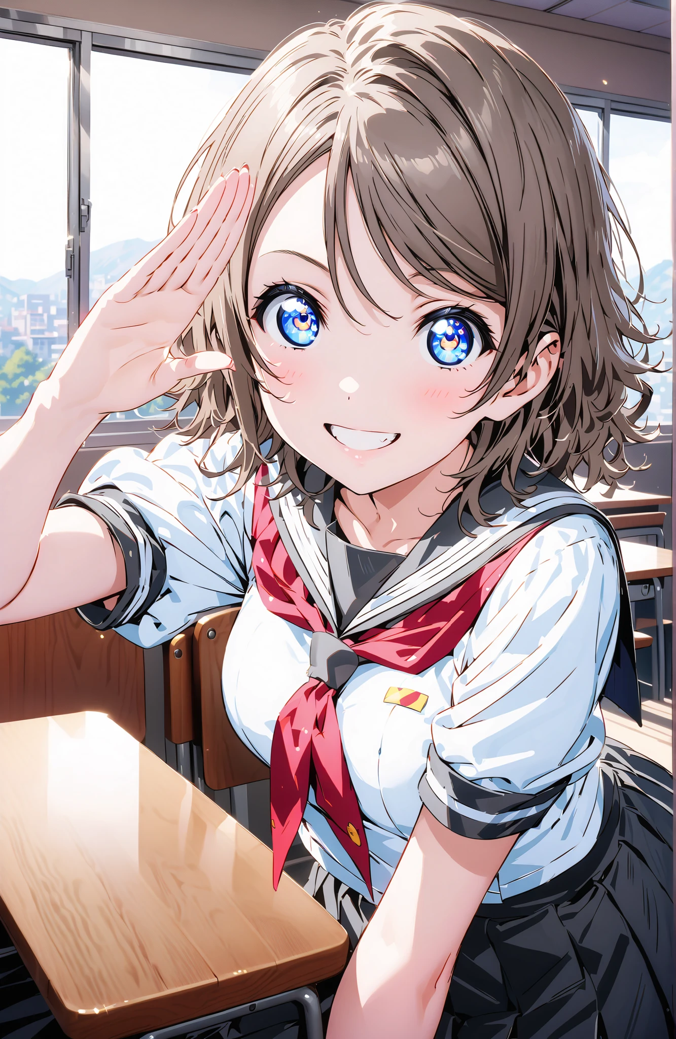 solo, 1 girl, Watanabe, short hair, medium breasts, Hair,blue eyes,smile,blush,grinning,
break skirt, uniform, short sleeve, pleated skirt, sailor suits, socks, neckerchief, black socks, (red neckerchief:1.2), grey skirt, uranohoshi uniform,She is holding a bouquet of flowers with her left arm,is in a salute pose with his right hand,standing,curtains,window,noon,綺麗な街並みbreak indoors, Classroom,
break looking at viewer,full body,
break (masterpiece:1.2), best quality, high resolution, Unity 8k 壁紙, (illustrations:0.8), (beautiful detailed eyes:1.6), Highly Detailed Face, perfect lighting on the table, extremely detailed CG, (perfect hand, perfect anatomy),,