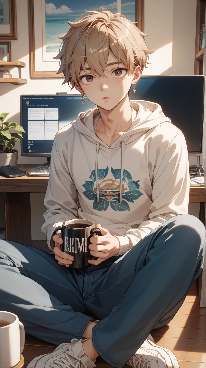 score_9, score_8_up, score_7_up, score_6_up, score_5_up, score_4_up,  male focus, solo, whole body shot of a 19yo skinny, slim, college sophomore twink, surfer, perfect eyes, grey eyes, flawless, beautiful face, triangular face, dark brown spiky hair, wearing a orange hoodie, wearing translucent brown  swim shorts, sitting at a coffee house with headphones behind a laptop computer , line art illustration,  afternoon lighting, sly smile at the camera, lofi thumbnail
 <lora:CockUnderXL-Pony-v1alpha:1>  (cockunderxl,wetxl:1), (pantssnakexl-R:1), (erection under clothes, erection under clothing, erection:0.95)
 <lora:betm:1>