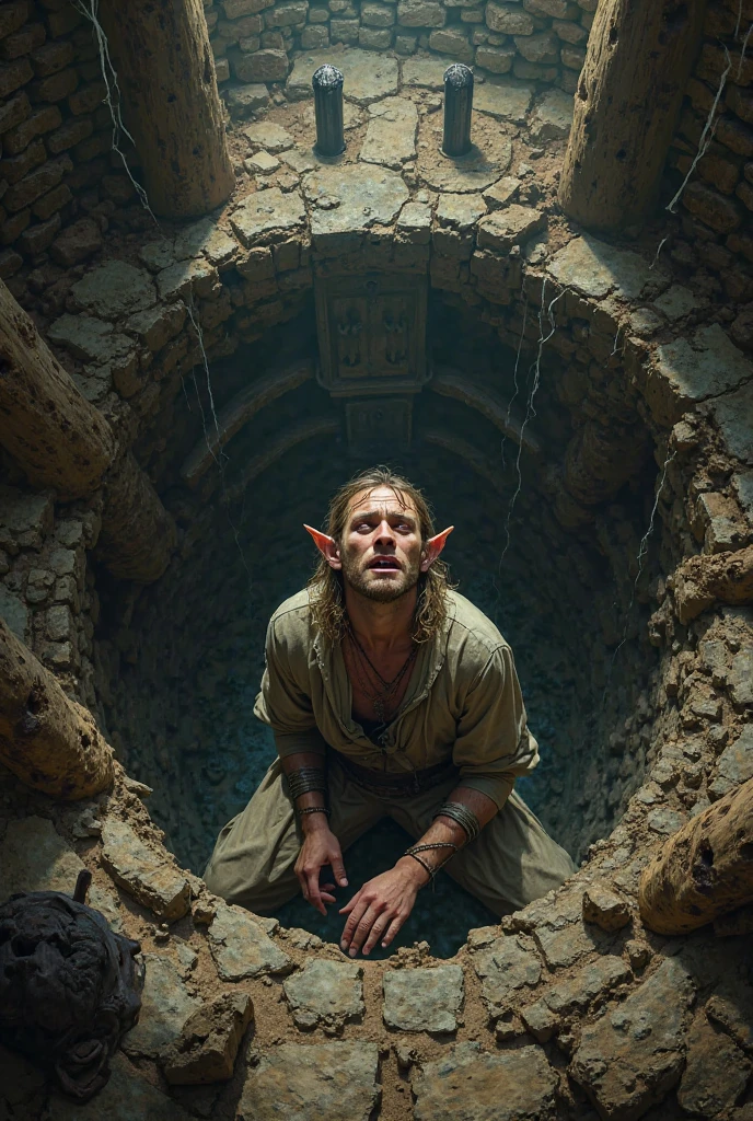 High Fantasy、Vivid depiction、live-action、Elf man in his 50s、Sleeping like a dead person、The background is a cave