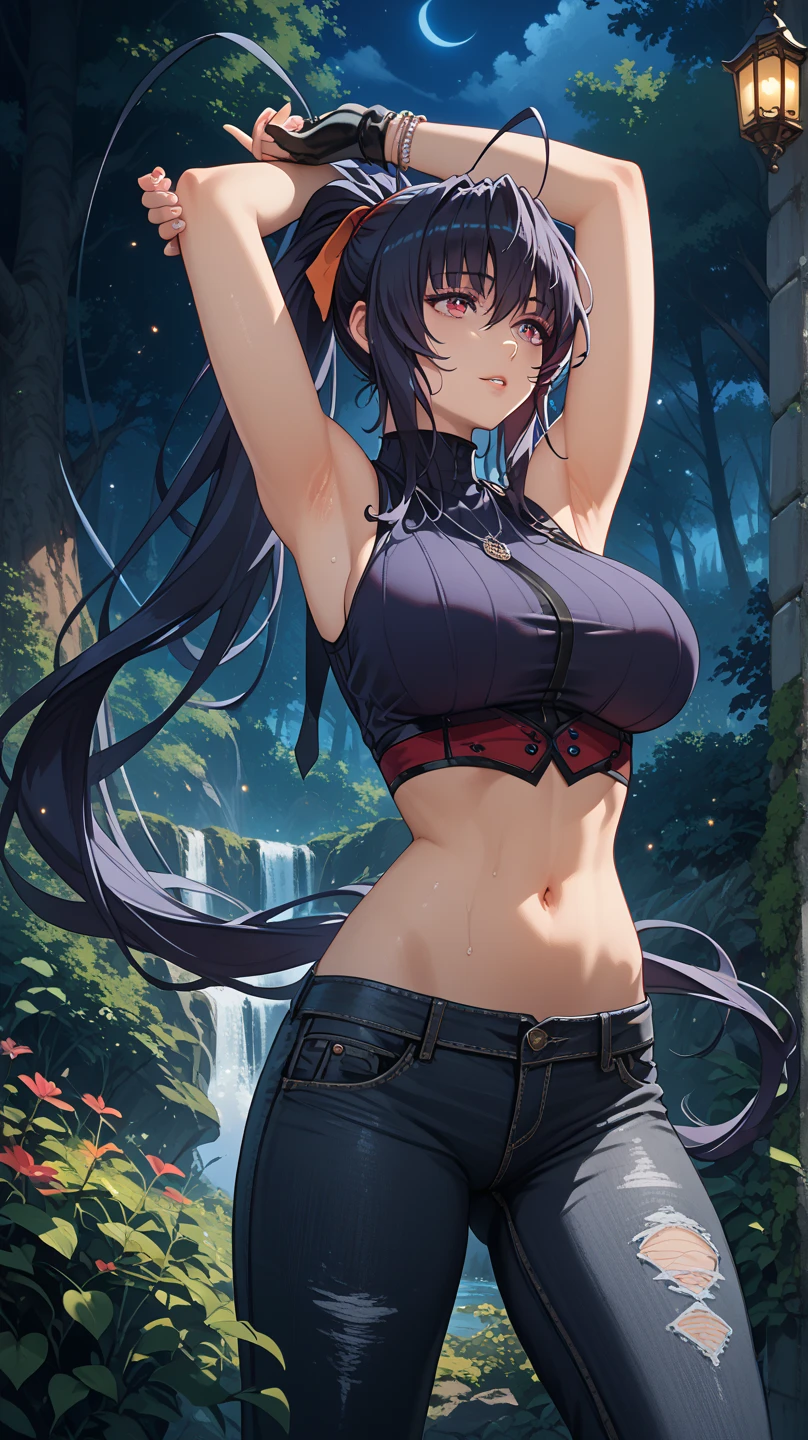 True Face　Beauty　Place your arms behind your head　No sleeve　Bikini Armor　Lavish Armor　Belly button　Summer evening　countryside　Fantasy