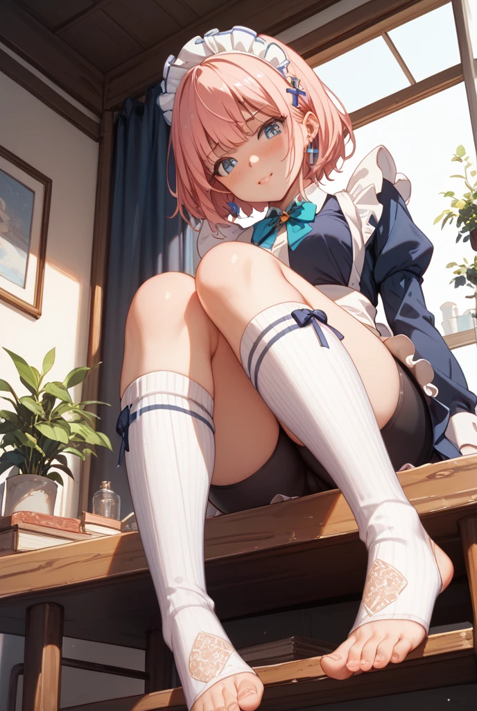 pink hair girl, blue eyes, , tights, and thigh socks.
