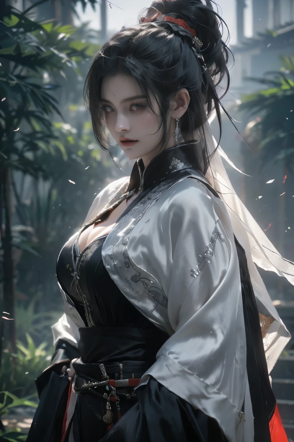 Game art，The best picture quality，Highest resolution，8K，((A bust photograph))，((Portrait))，((Head close-up))，(Rule of thirds)，Unreal Engine 5 rendering works， (The Girl of the Future)，(Female Warrior)， 22岁少女，(Ancient Chinese women)，(Rainbow hair，Ancient Oriental hairstyle)，((The pupils of the red eyes:1.3))，(A beautiful eye full of detail)，(Big breasts)，(Eye shadow)，优雅迷人，冷漠，((Anger))，(A silk coat with ancient Chinese style，Bellyband，The clothes are decorated with patterns with Chinese characteristics，A flash of jewellery，White)，(The clothes are made of silk:1.5)，人物，奇幻风格， 拍照姿势，城市背景，Movie lights，Ray tracing，Game CG，((3D Unreal Engine))，oc渲染反射纹