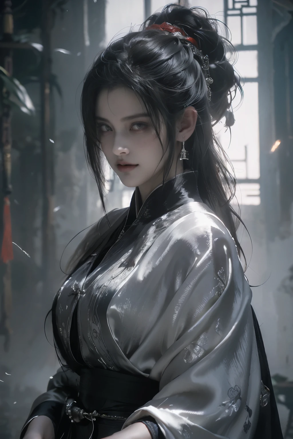 Game art，The best picture quality，Highest resolution，8K，((A bust photograph))，((Portrait))，((Head close-up))，(Rule of thirds)，Unreal Engine 5 rendering works， (The Girl of the Future)，(Female Warrior)， 22岁少女，(Ancient Chinese women)，(Rainbow hair，Ancient Oriental hairstyle)，((The pupils of the red eyes:1.3))，(A beautiful eye full of detail)，(Big breasts)，(Eye shadow)，优雅迷人，冷漠，((Anger))，(A silk coat with ancient Chinese style，Bellyband，The clothes are decorated with patterns with Chinese characteristics，A flash of jewellery，White)，(The clothes are made of silk:1.5)，人物，奇幻风格， 拍照姿势，城市背景，Movie lights，Ray tracing，Game CG，((3D Unreal Engine))，oc渲染反射纹