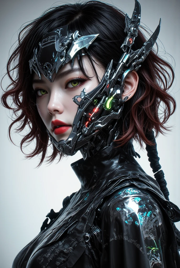{{highest quality, 1080p, masterpiece :1.3, High resolution (High Dynamic Range),超High resolution, Realistic, Ultra-realism, Digital SLR, Sharp focus :1.2,Natural light and shadow, RAW Photos, Slim figure, Flat stomach, Highly detailed face and skin texture, Light pink hair, Very fine hair, Fine grain, double eyelid, Very beautiful face, Upper teeth slightly visible, Simple facial structure, Gorgeous Asian Women, ((Detailed facial features)), (Detailed skin), Pale skin, Realistic skin texture,Light comes out from the green ornament., Extreme Skin Detail, oc rendering reflection texture, Realistic Light and Shadow }}, A single photo, alone, 20-year-old, Height 165,((1. Mechanical Girl)), Mecha, Mecha girl, Droid, (Remote Whole Body Imaging), {{ Bare skin reveals cleavage, Glossy black bodysuit, Exquisite Jewelry Details、Very intricate details、Realistic light, To the camera, Girl with a mechanical robot body., A mechanical cervix is attached to the neck, The robot's circuitry is packed into the center of its back.., Beautiful breasts, White mechanical shoulder armor on both sides., Mechanically articulated elbow, There are white mechanical hip armors on both sides.、It has a circular blue neon light in the center。.,Chest electrical circuit., model diagram, Mechanical abdomen, belly button, Flat stomach, Mechanical arm, Mechanical hand, Mechanical knee, Electromechanical circuitry in the crotch, Machine shank, Mechanical calves, Mechanical High Heel, Chest electromechanical circuitry,}} ,Standing pose