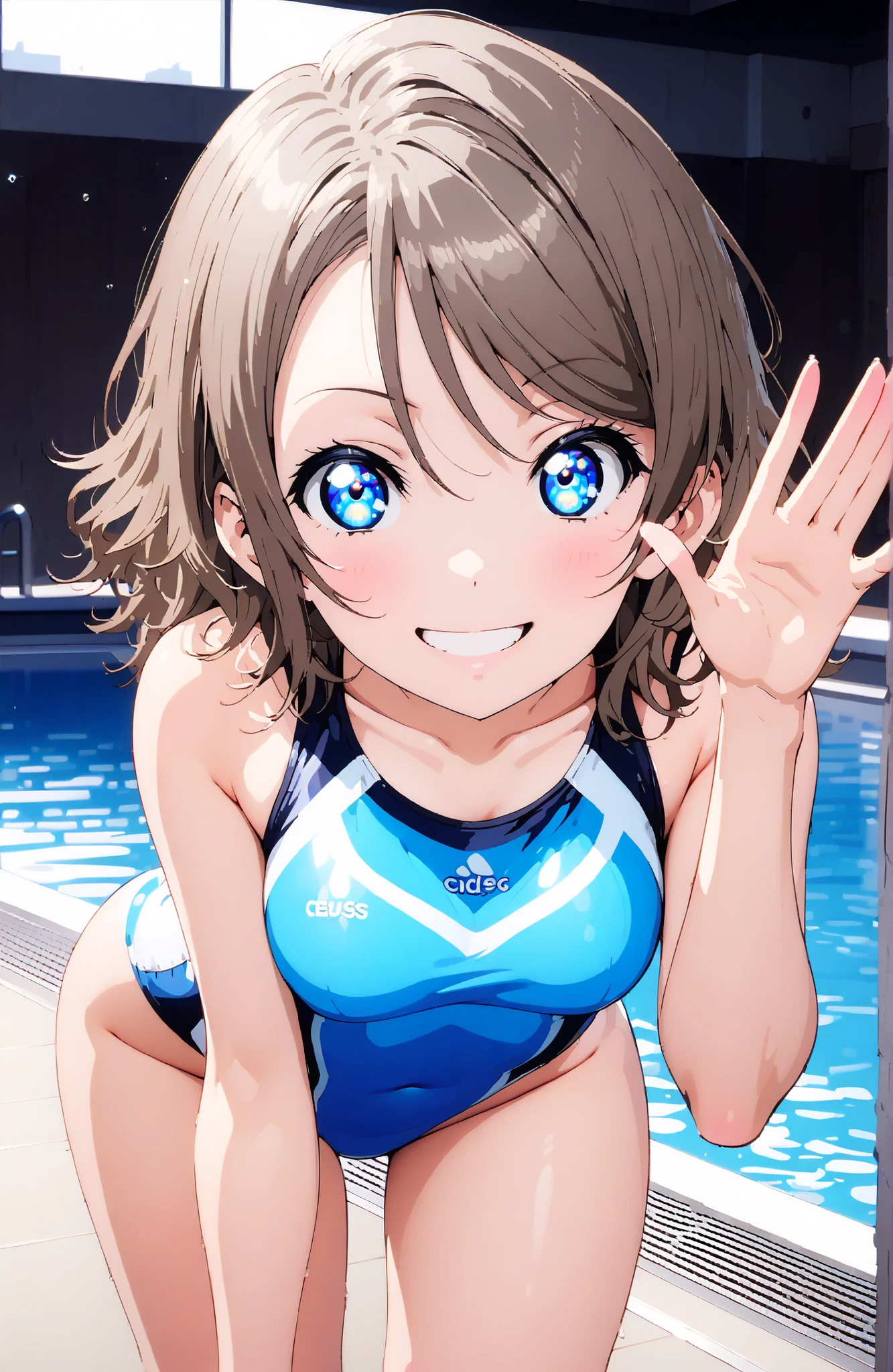 solo, 1 girl, Watanabe, short hair, medium breasts, Hair,blue eyes,smile,blush,grinning,
competitive swimsuit,standing,Bare legs,She is holding a bouquet of flowers with her left arm,is in a salute pose with his right hand,standing,noon,break indoors,Swimming Pool,
break looking at viewer,full body,
break (masterpiece:1.2), best quality, high resolution, Unity 8k 壁紙, (illustrations:0.8), (beautiful detailed eyes:1.6), Highly Detailed Face,  perfect lighting on the table, extremely detailed CG, (perfect hand, perfect anatomy),,