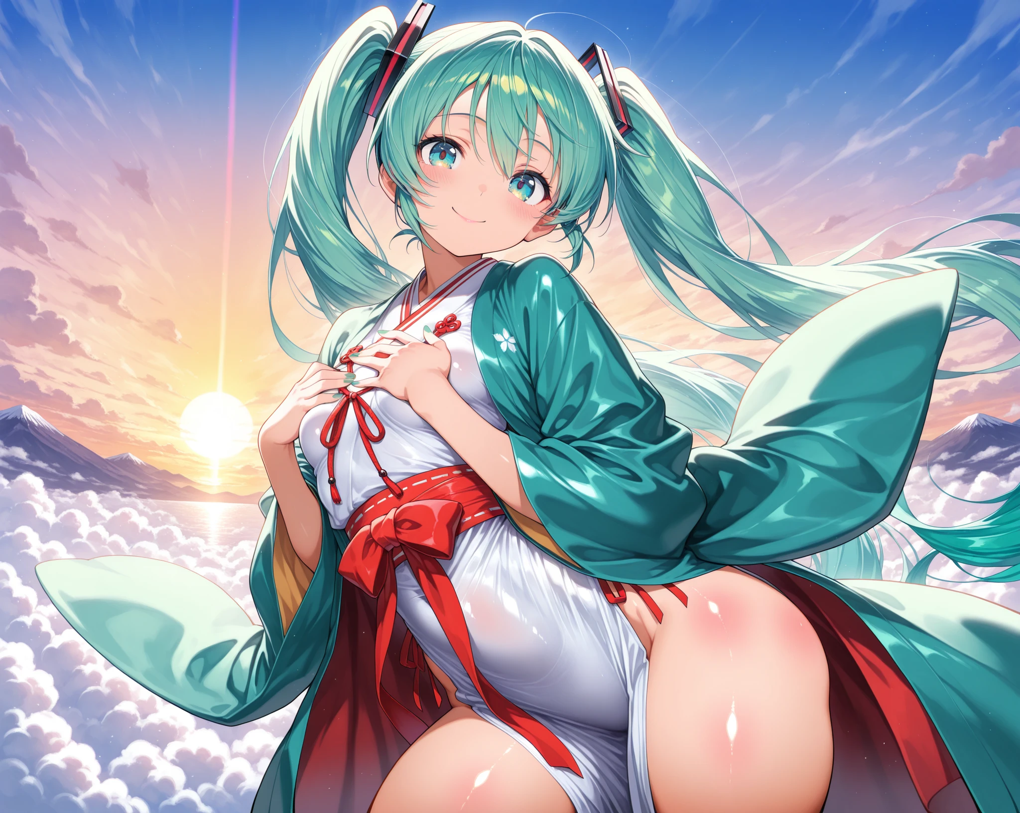、's 、alone,nature,null, cloud,hatsune miku,hatsune miku,open your legs,no pants,pussy,pussy,high socks,big ass,Rear view,leaning forward,Shooting low-angle subjects from below、butt crack、Shot from directly below the buttocks,Don'don't make eye contact,Don'please don't show your face,stick out your butt,please bend your knees,Mushy white love juice dripping with a large amount of love juice,kimono,kimono