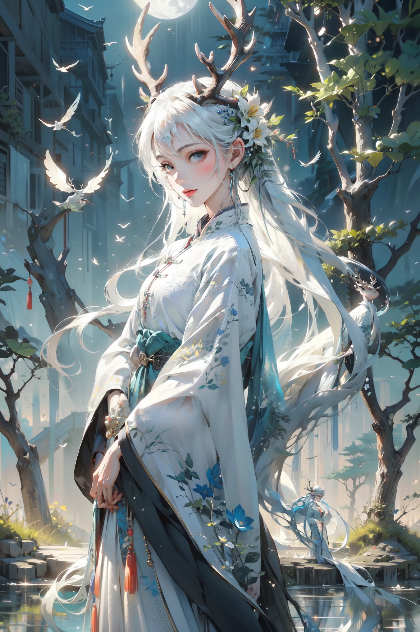 1 Girl, Chinese clothing ,flower, masterpiece,best quality,ultra-detailed,deer,White hair,white dress,water,moon,deer,
