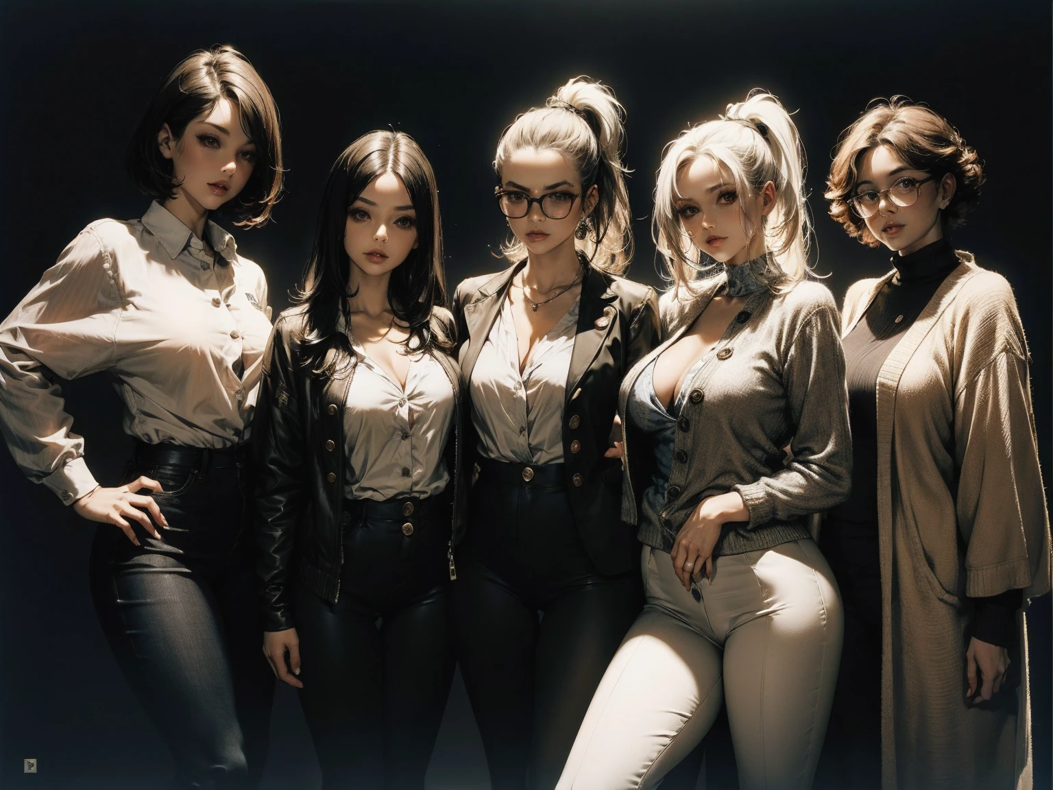3girls, multiple girls, slender girls, GirlA, GirlB, girl next to girl, cowboy shot, from behind, ass, hugging,
posing, happy smile, teeth, ((standing)), walking, stage,
earrings, necklace, bracelet, lipstick,
4k, masterpiece, top-quality, hi-Res, best quality, absurdres, highly detailed,
BREAK, GirlA, young, doll face,
pixie-cut, ears on view, round glasses,
(huge breasts:1.2), symmetrical breasts, black leather bikini, black leather long gloves, black leather long boots,