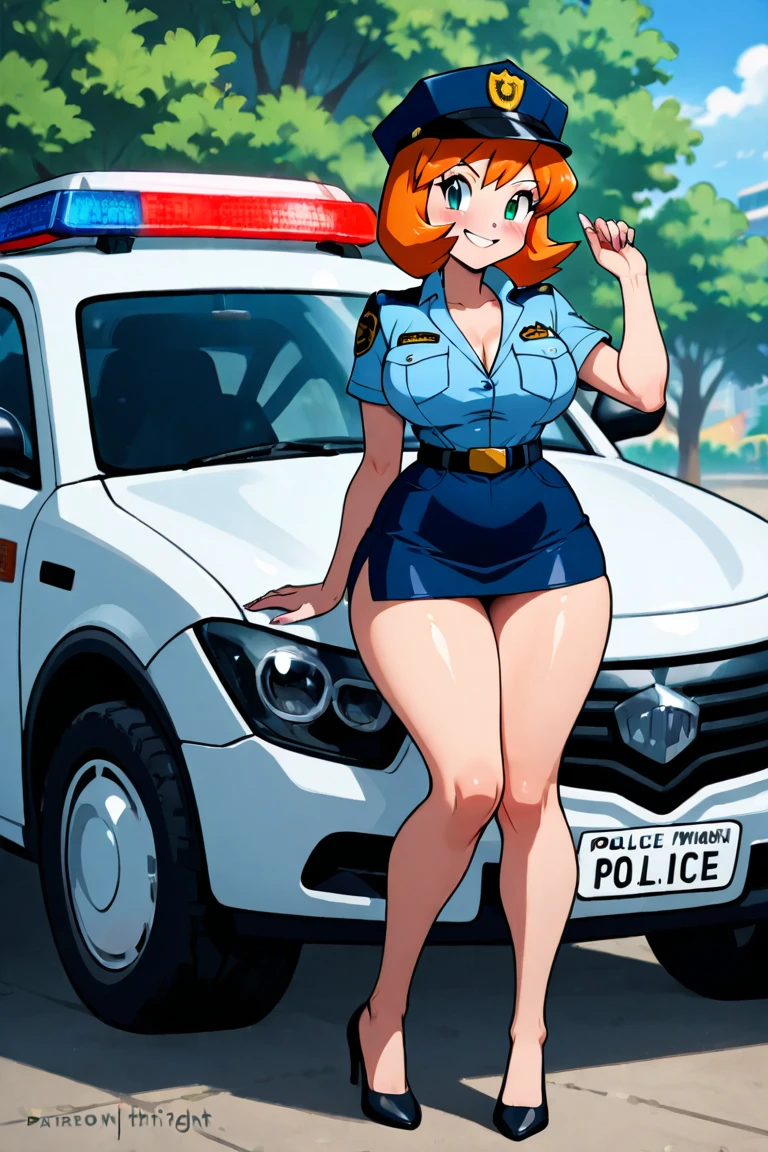 female police officer, solo girl, aphrodisiac effect, naughty, greedy for sex, (police uniform, short skirt, stockings, high heeled boots), sexy, posing at car