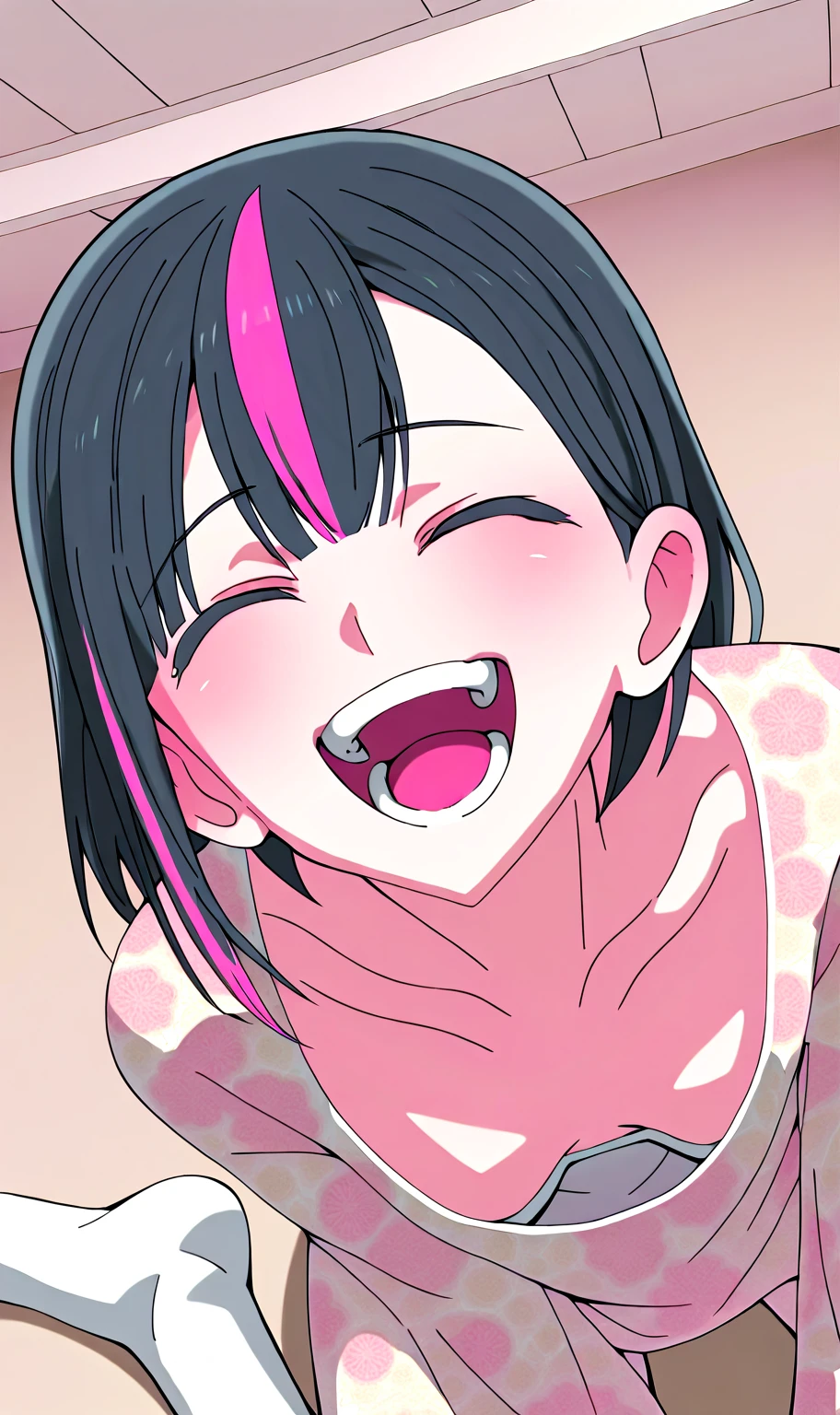 EFT_Shinobu, 1girl, kochou shinobu, butterfly hair ornament, solo, hair ornament, purple hair, multicolored hair, black hair, smile, haori,, gradient hair, short hair,, room, indoors, blush, open mouth, big mouth, tongue, tongue out, close up, saliva, uvula, uvula, room, mouth focus, excessive saliva, closed eyes, side, on side, looking at viewer, nude
