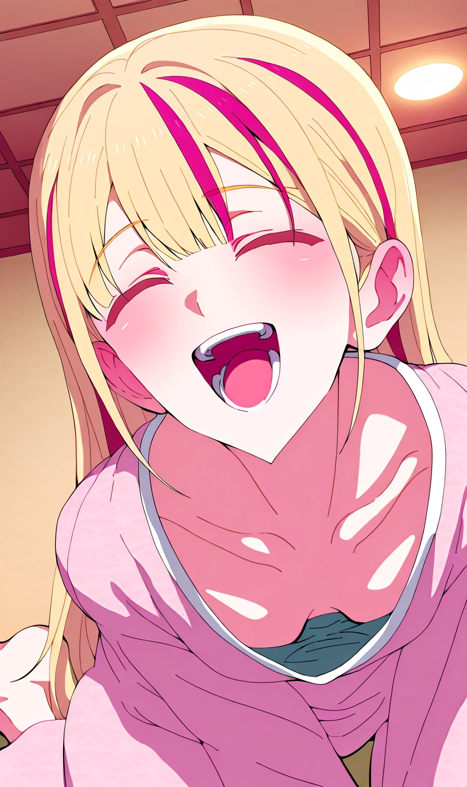 Generate an image of Honami Mochizuki from Project Sekai. She is a high school student with long, straight hair in a blonde color.,with a slight curl. Her side hair is shorter and also slightly curled. has big, gentle red eyes and a warm, friendly expression.,nsfw,steam,medium breasts,sweat,Completely naked,Gradient with pink tips,Twin tails,1boy,penis,paizuri,cum on breasts, surprised,Surprised face