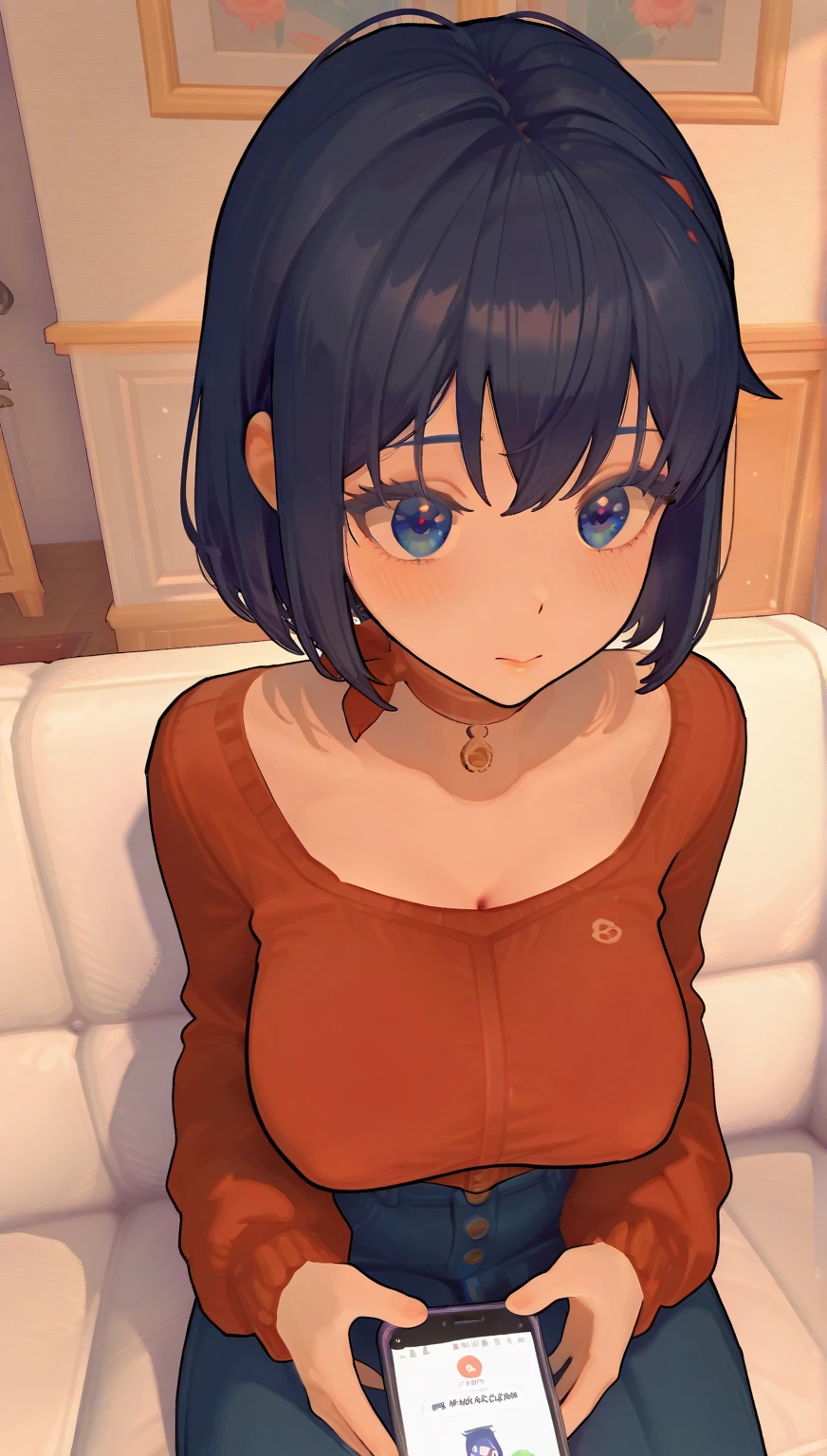 (1girl:1.3), Masterpiece, Best quality, amazing beauty, 4K, absurdres, finely detail, super detailed eye, perfect anatomy, official art, cinematic lighting, BREAK, bedroom, silky bob cut, black hair, super shiny detailed brown eyes, cute eyes, Looking at Viewer(camera), open-mouth, blush, BREAK , big breasts, medium, wheat skin, sitting bed in bedroom, BREAK , (knit sweater:1.2), (Denim skirt:1.2), (barefoot:1.2), (Cleavage is visible:1.2), BREAK,()