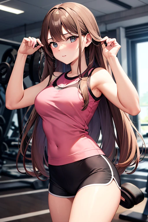 sakura bakushin o \(umamusme\) in sexy mini shorts and sports bra, crouched deadlifting with a bar with her back facing a gym mirror, sweating, High Resulution, UHD, detailed image.
