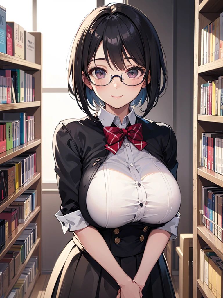 a beautiful woman with a short skirt, open shirt, large breasts, cameltoe, wearing white lingerie, sitting at a table in a library, wearing glasses