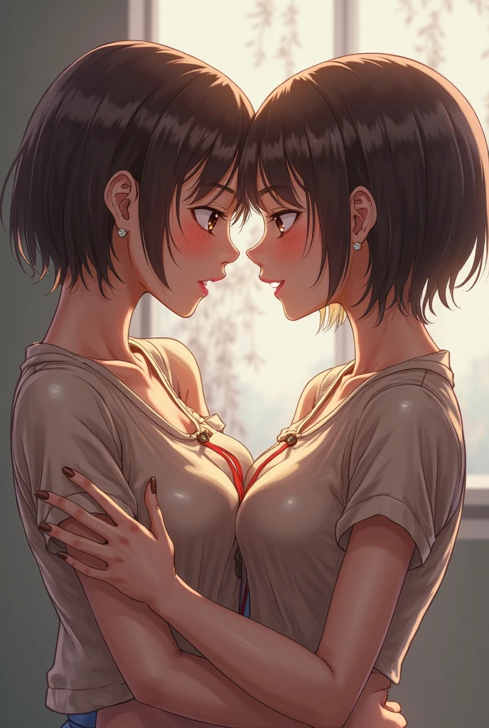 Two age girls,Angry expression,Equal height,In the classroom,Black hair ponytail,Face to face, staring at each other,Embrace,The two objects are close to each other,kiss、Photo of the two of them、Holding hands and facing each other、向かい合うPhoto of the two of them、Push each other、Putting boobs together、Completely naked、Full nudity、Skinny jeans