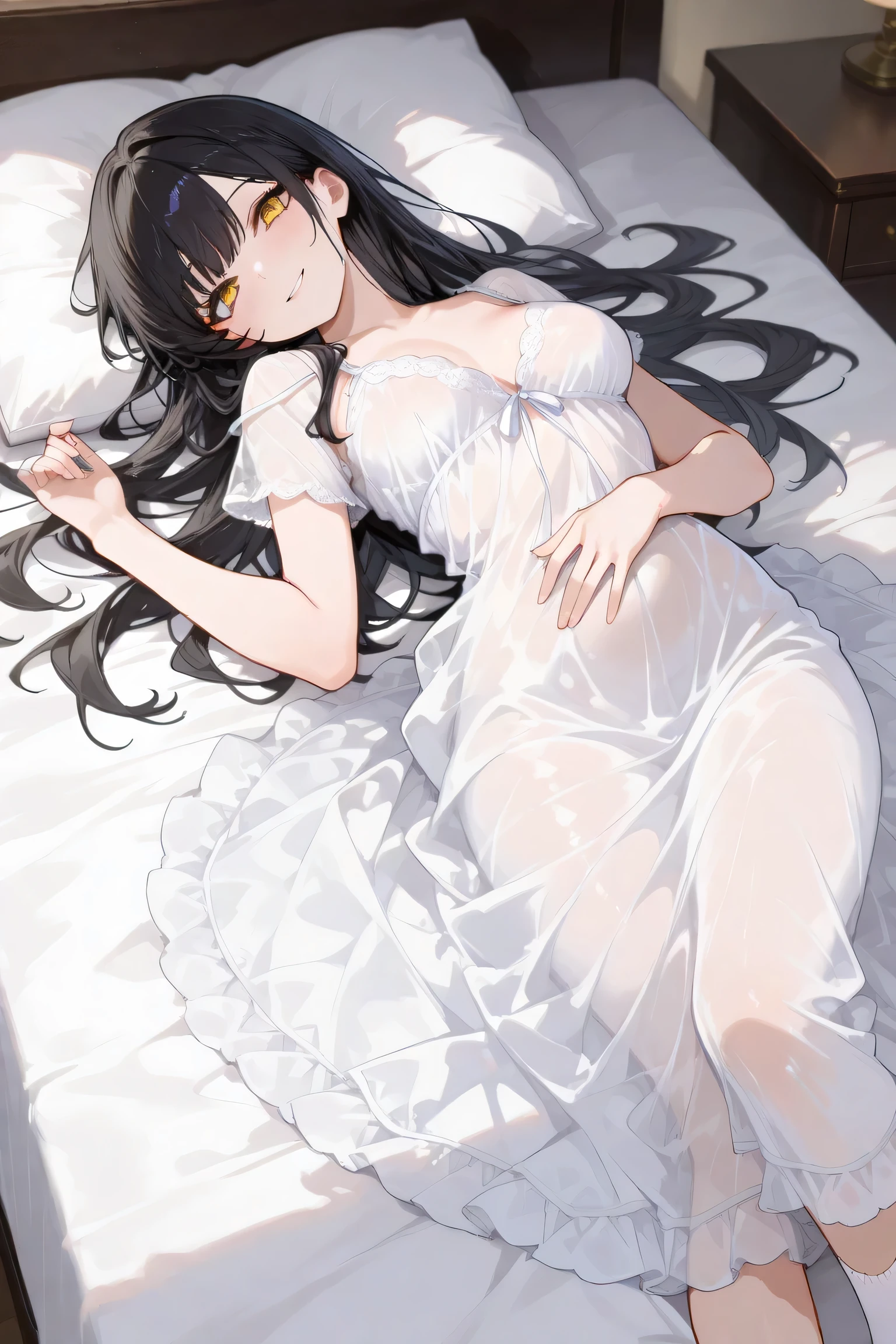 masterpiece, ,1 girl, long hair, black hair, soft yellow eyes, normal breasts, transparent nightgown, white dress, long dress, bed, sock, charming smile, lying down, top view