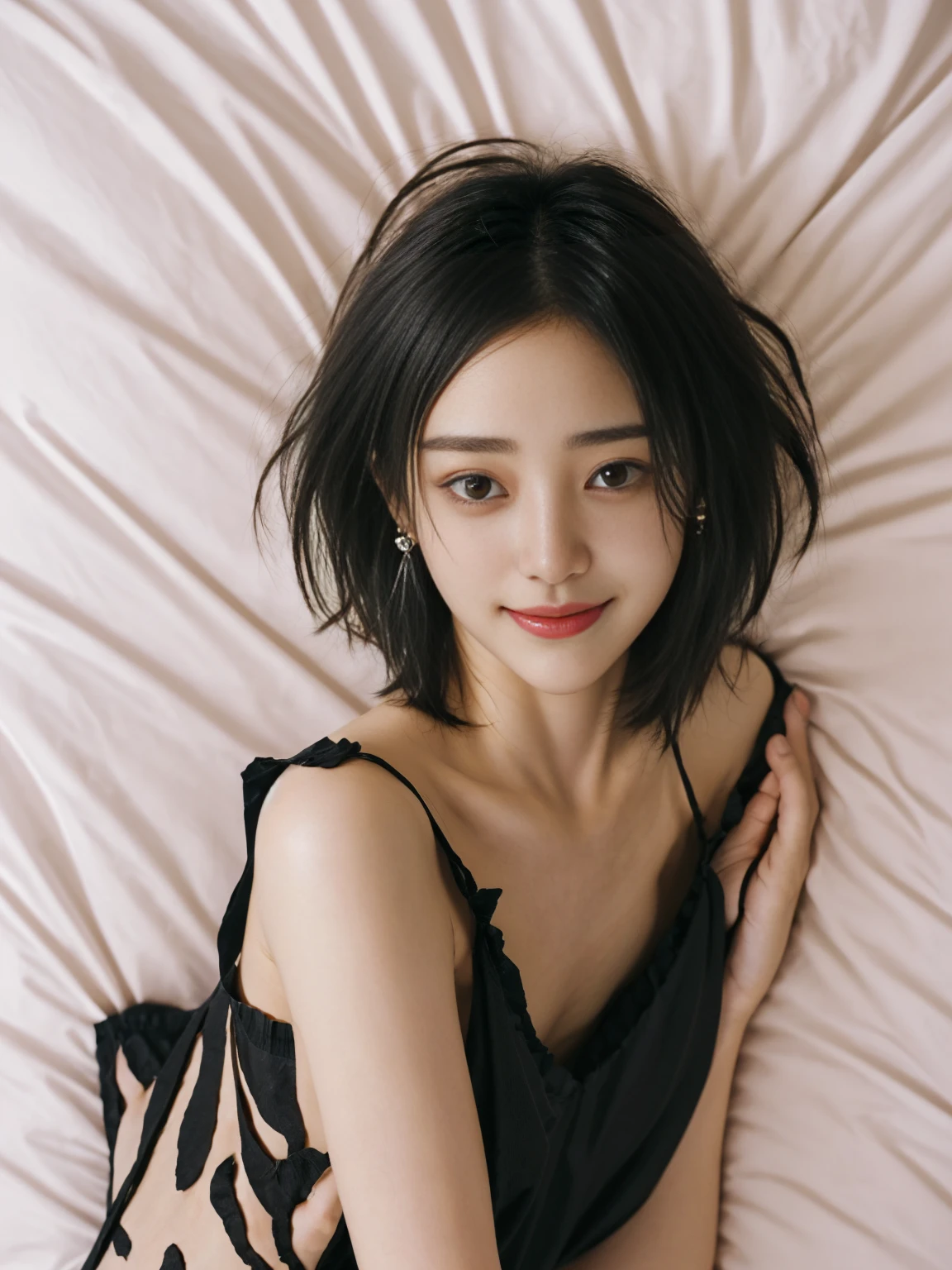 (masterpiece:1.3), (8K, Photorealistic, Raw photo, Best image quality: 1.4), Black fashion、((Portrait taken from above:1.3,)),((Show your teeth and smile:1.4)),((Straight jet black short hair:1.4))、Purple ribbon in hair,((Short bangs hair)),Super detailed face、Attention to detail、double eyelid、Put your chest together、Sharp focus:1.2、Beautiful woman:1.4