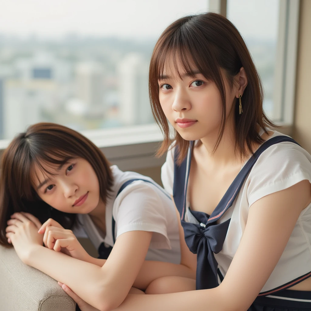 Selfie,Top view,Black Hair,Medium Hair,summercoordinate,Zara,Sitting,Ultra HD,masterpiece,super high quality,Ultra-high resolution,Highest quality,Advanced,Highest quality,Highest Resolution,high quality,beautiful,beautiful,High quality,Realな質感,Real,8K,Detailed,