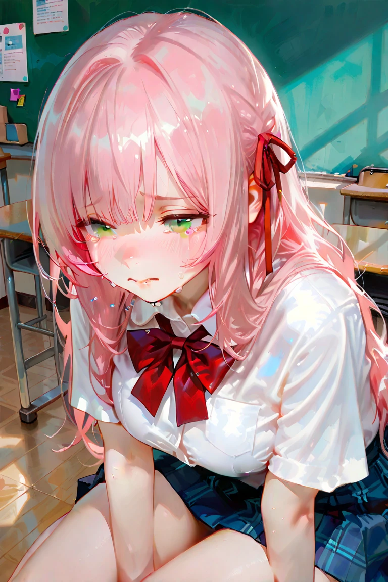 1 person long hair、Girl in school uniform、a miniskirt、Pink hair、Look away、sitted、embarrassed from、Blushing、is crying、Clenching teeth、Classroom(A girl is leaking pee)