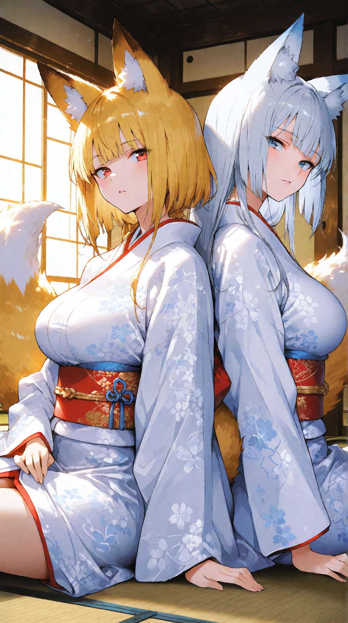 Highest quality、Two Girls, Mature Woman, Mature Woman, Japanese-style room、Tatami room、Sliding doors、Dark room、Voluptuous body, Huge breasts, Saggy breasts, Wide Hips, Miko costume, barefoot, Cleavage, Are standing, Blonde Nine Tails, smile, Short blonde, Red eyes, at night, 8K, masterpiece、milf、Fox Ears、Lantern、Sliding doorsを開けて迎え入れる、Sexy look、spoken heart、(breast focus:1.1)、mature female、gleaming skin、naughty face、heavy breathing、One eye is covered by hair、hair over one eye