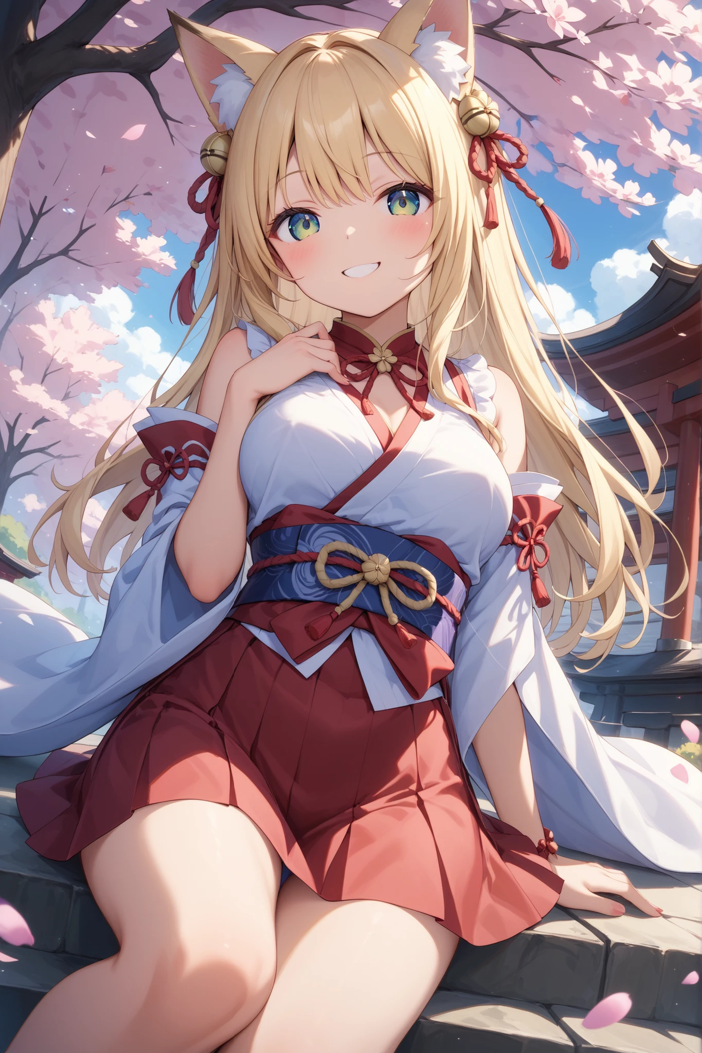 masterpiece、concept art、(very detailed)、 (((masterpiece、best quality、 portable 、16k))) ( Evening Girl)、Amazing cherry blossom blizzard background、Multiple cherry trees、( fox ears、Shrine Maiden Costume、 object、long blonde、red skirt)、( やわらかなsmile )、with lots of white space、 big view 、(view focusing on people and cherry blossom trees)、( wide angle view)、( Highlights: 1.1)、(Warm light source: 1.2)、( bright light)、 dreamy 、 personal 、 Spectacular photos 、 front map、smile、 anime、 light/dark method、 multiple perspectives on pleasure、fluorescence、anime、lens flare、sparkle:0.7、(very detailed with bubbles:1.5)